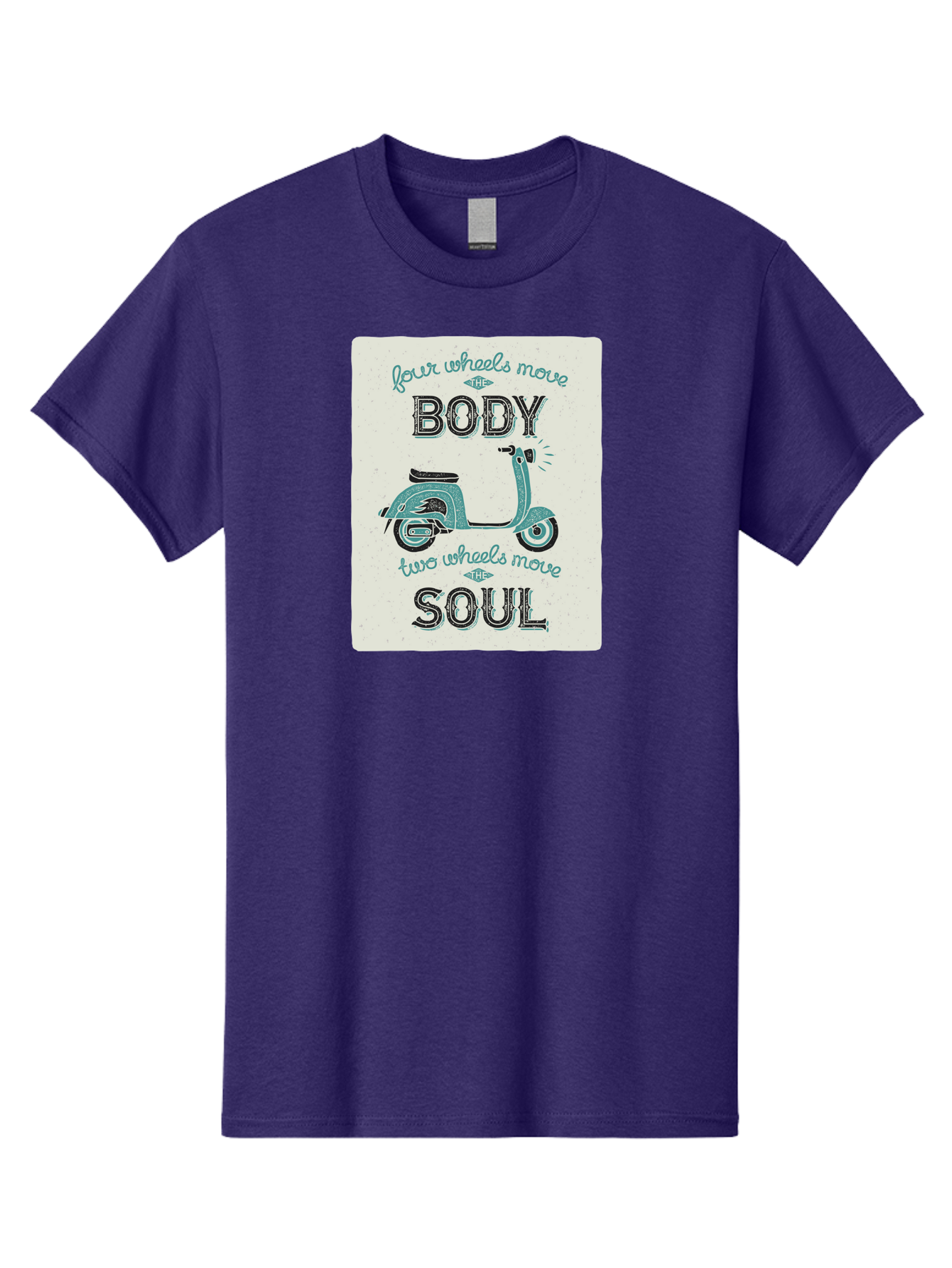 Four-Wheels-Move-The-Body-Two-Wheels-Move-The-Soul-1 Men'S Graphic Tee, 100% Cotton, Comfortable Casual Summer Wear, Machine Washable, Vintage Scooter, Retro Design, Quote About Soul, Bike Enthusiast, Motor Scooter, Scooter Lover, Aac435