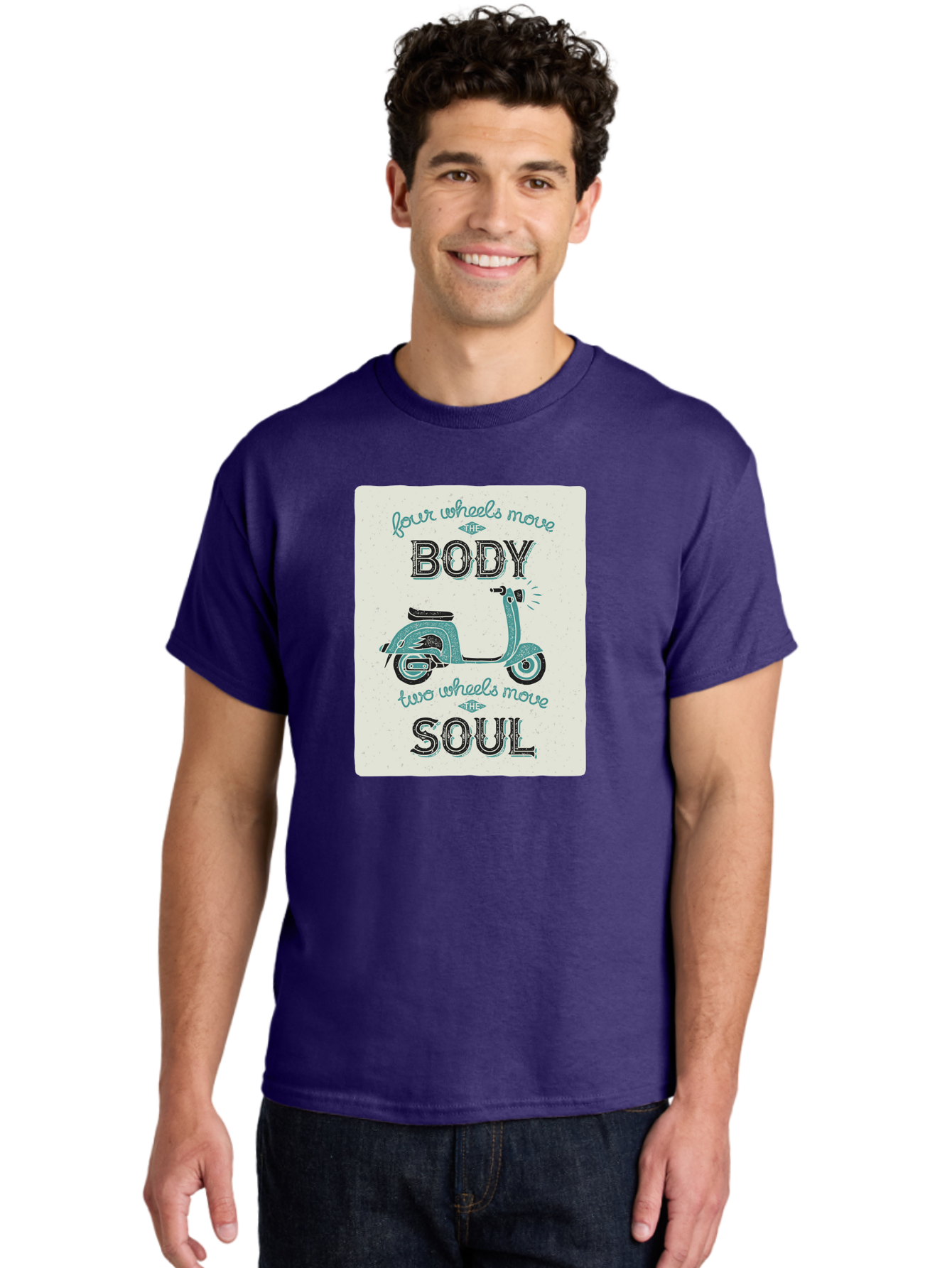 Four-Wheels-Move-The-Body-Two-Wheels-Move-The-Soul-1 Men'S Graphic Tee, 100% Cotton, Comfortable Casual Summer Wear, Machine Washable, Vintage Scooter, Retro Design, Quote About Soul, Bike Enthusiast, Motor Scooter, Scooter Lover, Aac435