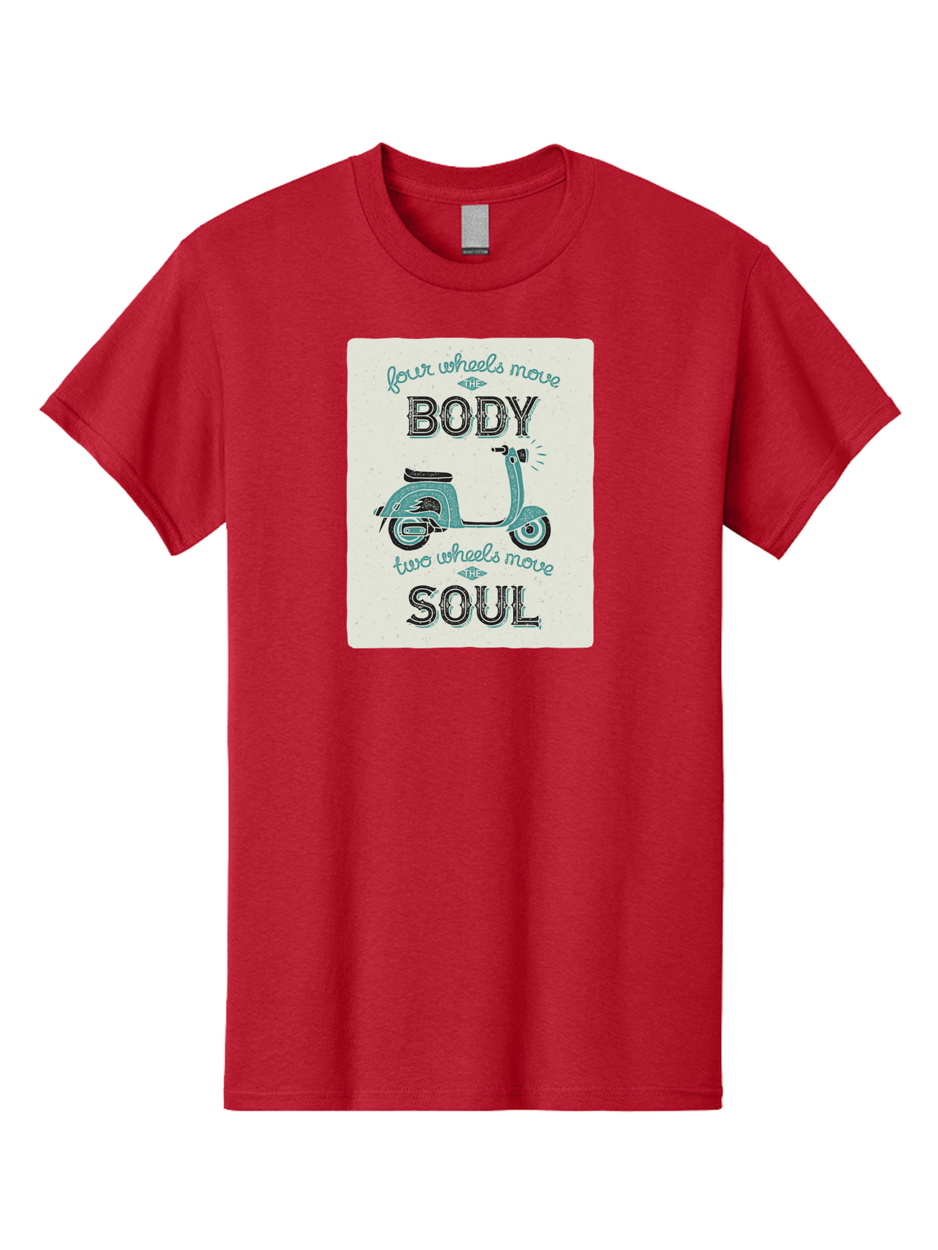 Four-Wheels-Move-The-Body-Two-Wheels-Move-The-Soul-1 Men'S Graphic Tee, 100% Cotton, Comfortable Casual Summer Wear, Machine Washable, Vintage Scooter, Retro Design, Quote About Soul, Bike Enthusiast, Motor Scooter, Scooter Lover, Aac435