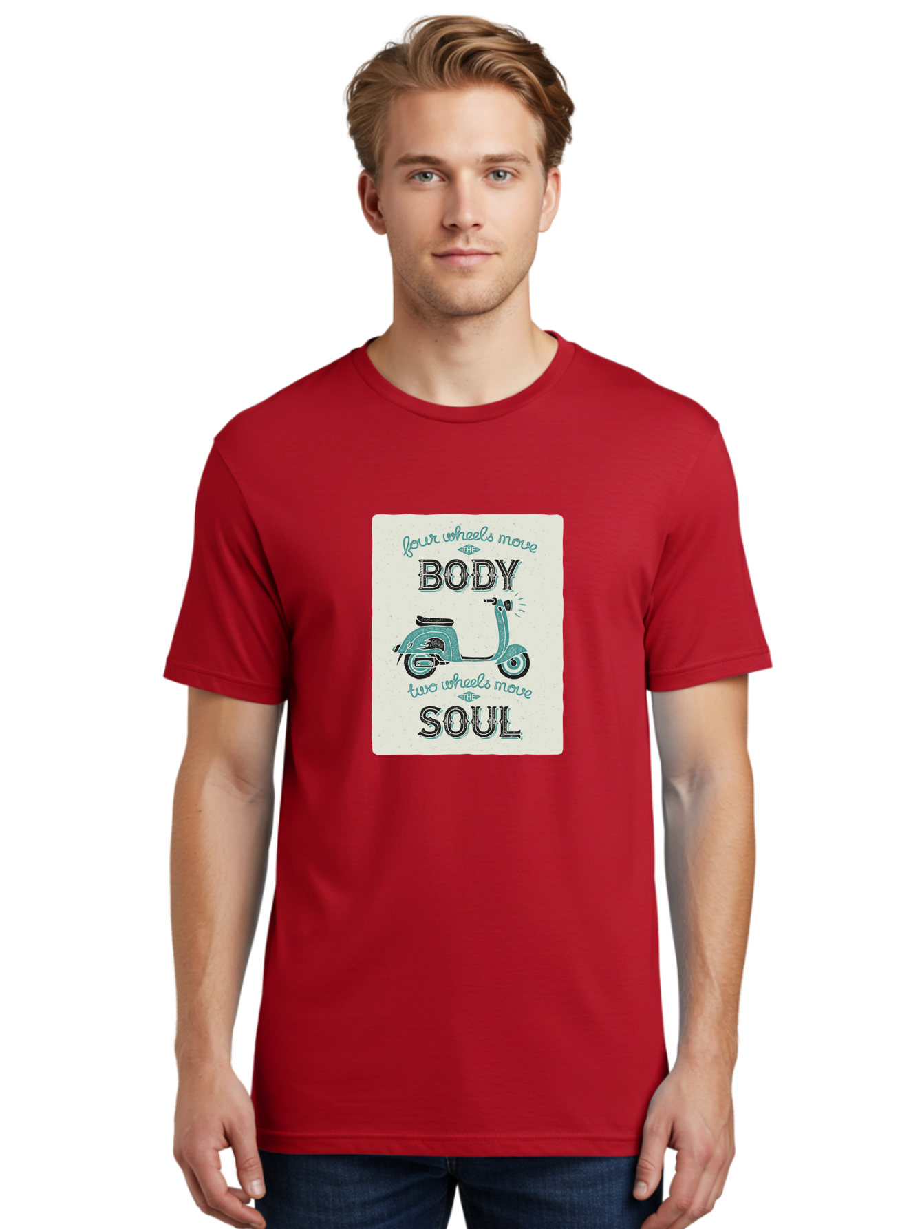 Four-Wheels-Move-The-Body-Two-Wheels-Move-The-Soul-1 Men'S Graphic Tee, 100% Cotton, Comfortable Casual Summer Wear, Machine Washable, Vintage Scooter, Retro Design, Quote About Soul, Bike Enthusiast, Motor Scooter, Scooter Lover, Aac435