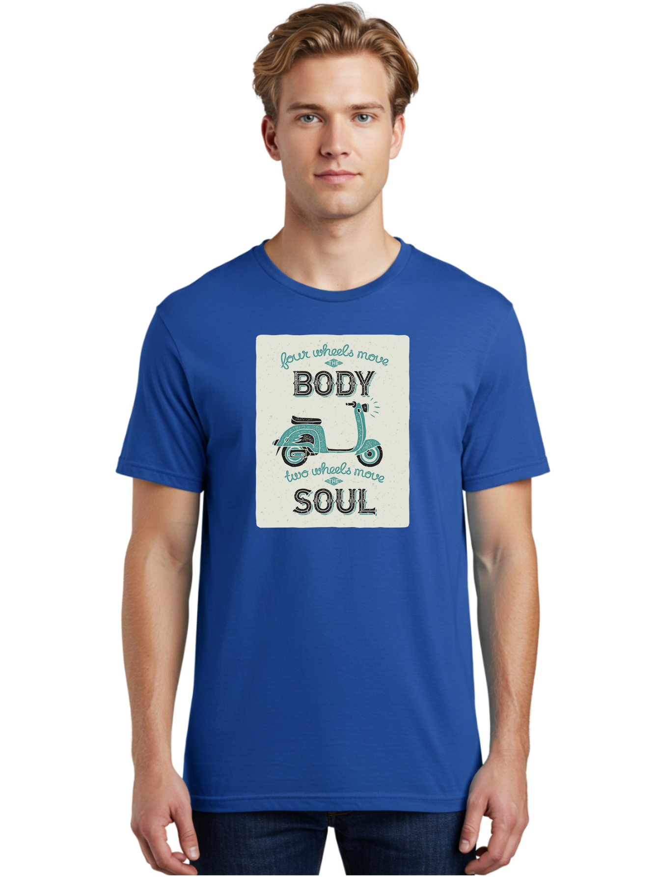 Four-Wheels-Move-The-Body-Two-Wheels-Move-The-Soul-1 Men'S Graphic Tee, 100% Cotton, Comfortable Casual Summer Wear, Machine Washable, Vintage Scooter, Retro Design, Quote About Soul, Bike Enthusiast, Motor Scooter, Scooter Lover, Aac435