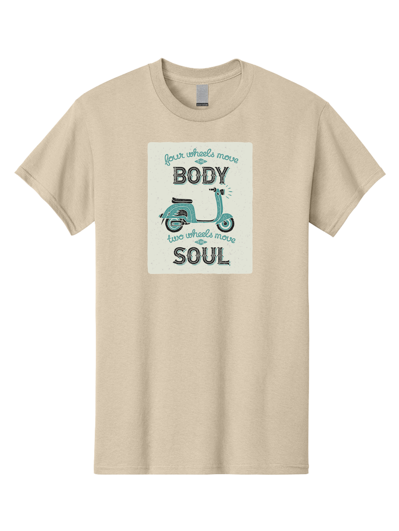 Four-Wheels-Move-The-Body-Two-Wheels-Move-The-Soul-1 Men'S Graphic Tee, 100% Cotton, Comfortable Casual Summer Wear, Machine Washable, Vintage Scooter, Retro Design, Quote About Soul, Bike Enthusiast, Motor Scooter, Scooter Lover, Aac435