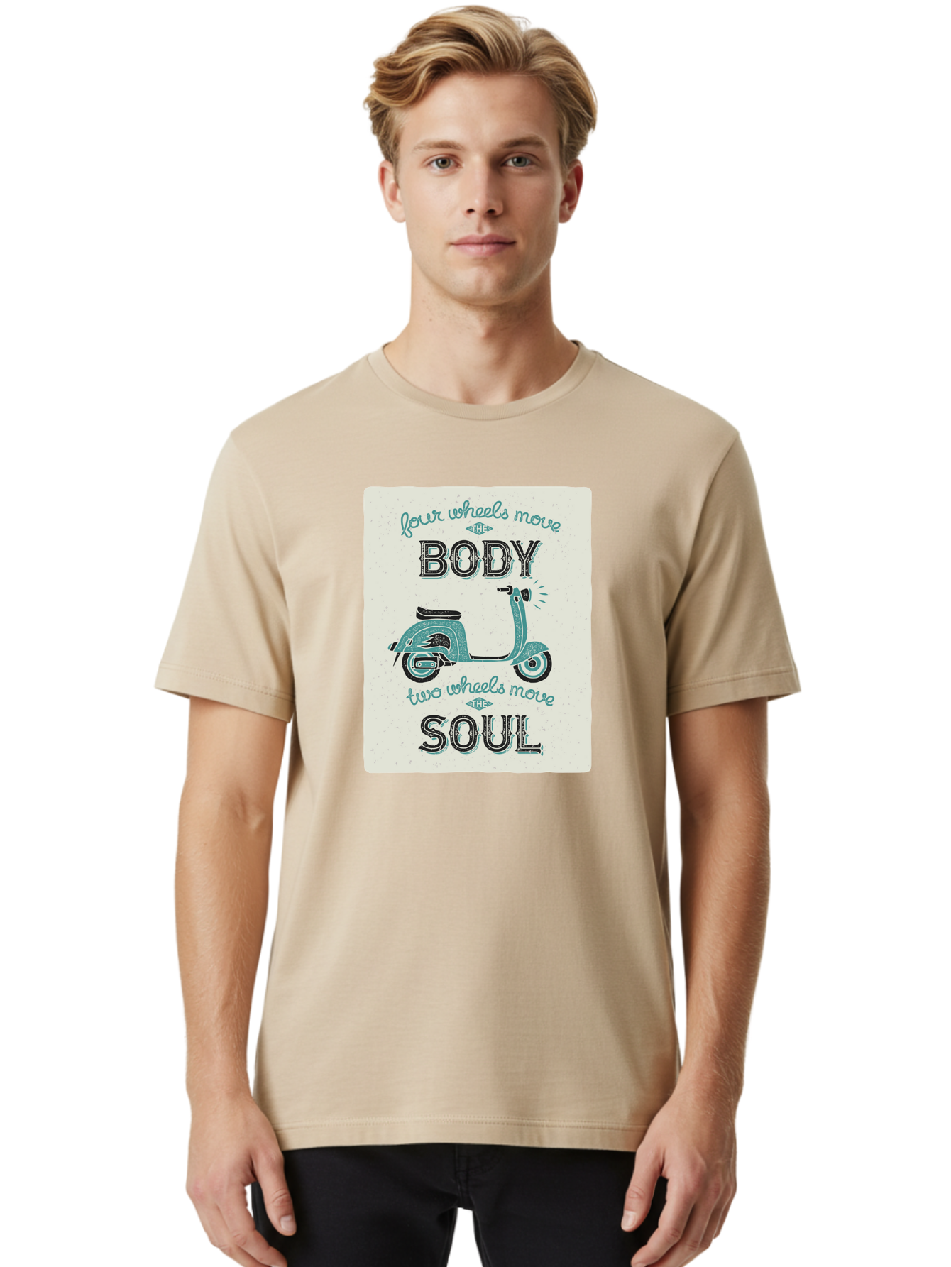 Four-Wheels-Move-The-Body-Two-Wheels-Move-The-Soul-1 Men'S Graphic Tee, 100% Cotton, Comfortable Casual Summer Wear, Machine Washable, Vintage Scooter, Retro Design, Quote About Soul, Bike Enthusiast, Motor Scooter, Scooter Lover, Aac435