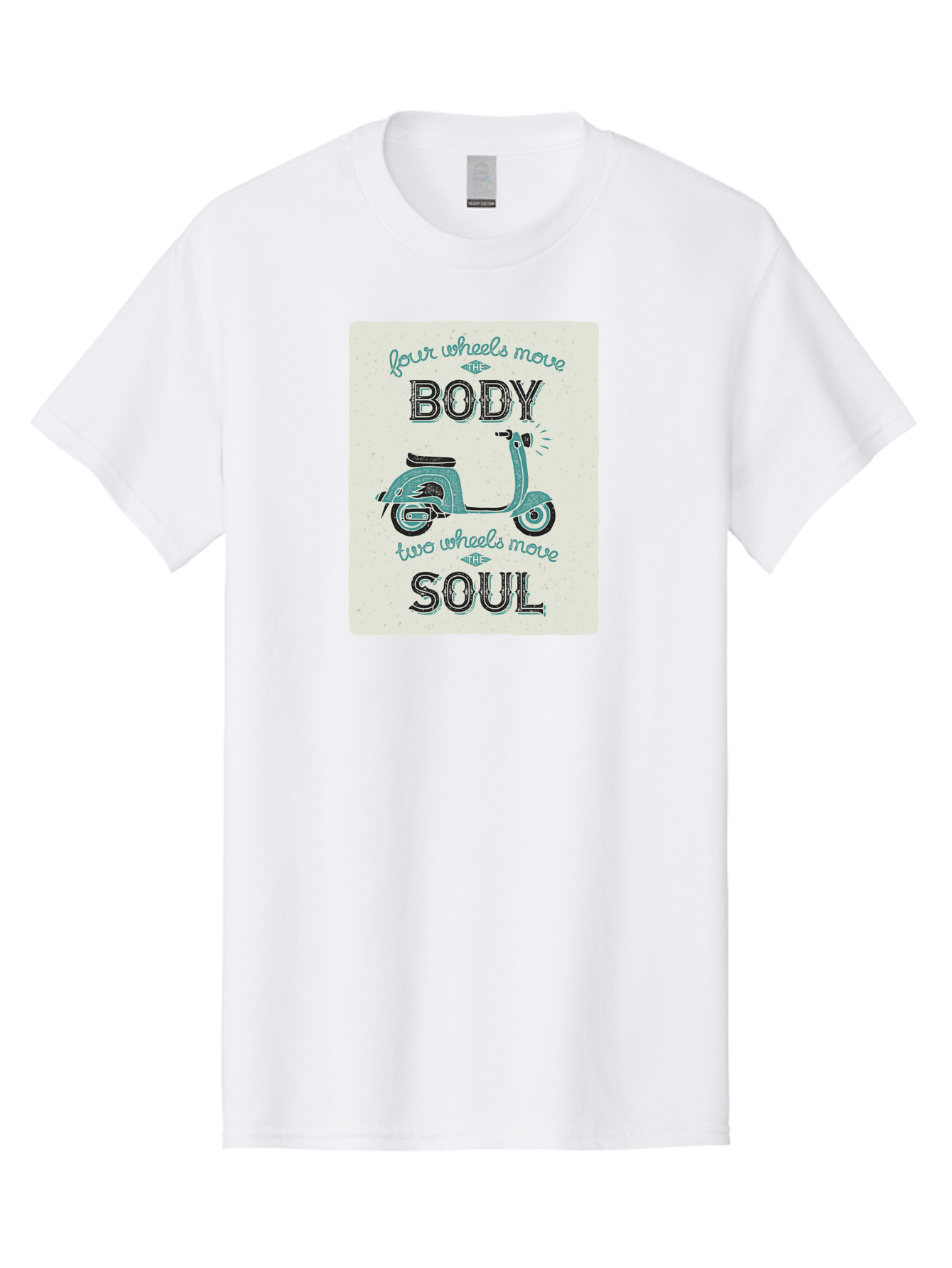 Four-Wheels-Move-The-Body-Two-Wheels-Move-The-Soul-1 Men'S Graphic Tee, 100% Cotton, Comfortable Casual Summer Wear, Machine Washable, Vintage Scooter, Retro Design, Quote About Soul, Bike Enthusiast, Motor Scooter, Scooter Lover, Aac435