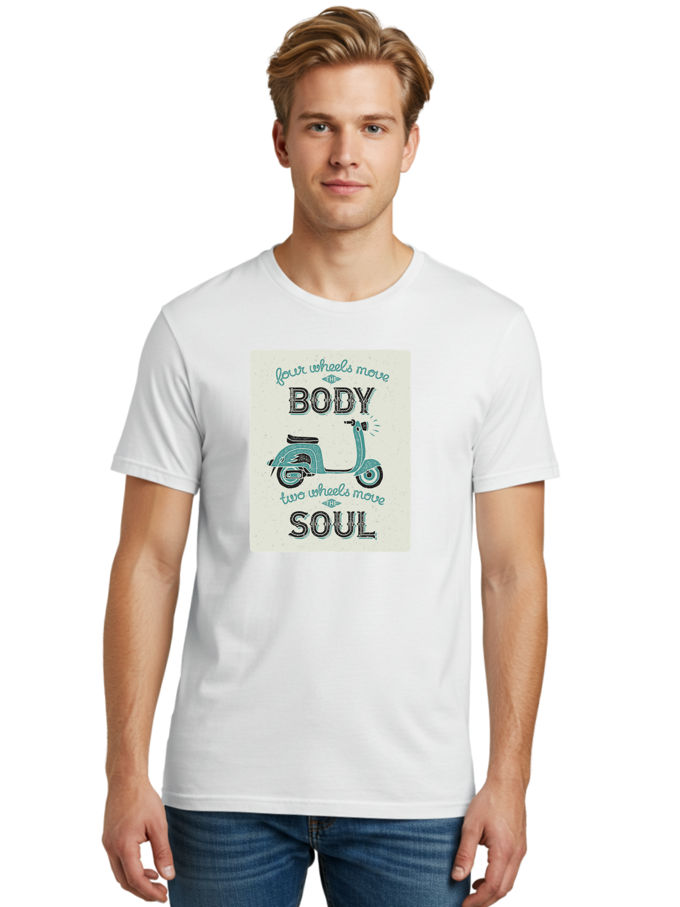 Four-Wheels-Move-The-Body-Two-Wheels-Move-The-Soul-1 Men'S Graphic Tee, 100% Cotton, Comfortable Casual Summer Wear, Machine Washable, Vintage Scooter, Retro Design, Quote About Soul, Bike Enthusiast, Motor Scooter, Scooter Lover, Aac435