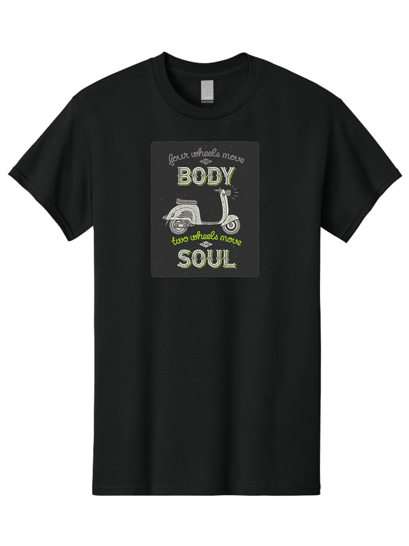 Four-Wheels-Move-The-Body-Two-Wheels-Move-The-Soul Men'S Graphic Tee, 100% Cotton, Comfortable Casual Summer Wear, Machine Washable, Vintage Scooter, Motivational Quote, Scooter Enthusiast, Soulful Ride, Freedom On Wheels, Biker Chic, Aac436