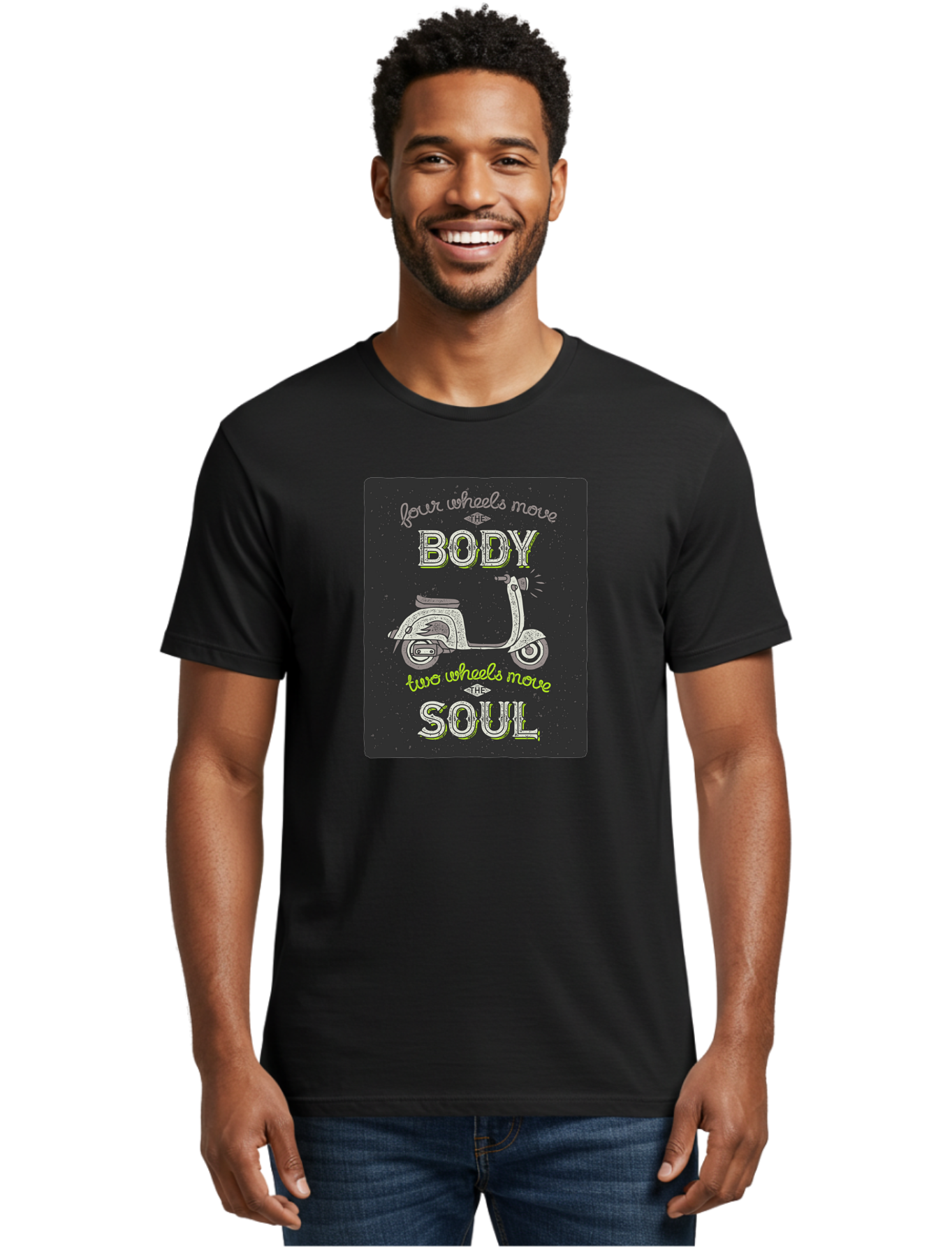 Four-Wheels-Move-The-Body-Two-Wheels-Move-The-Soul Men'S Graphic Tee, 100% Cotton, Comfortable Casual Summer Wear, Machine Washable, Vintage Scooter, Motivational Quote, Scooter Enthusiast, Soulful Ride, Freedom On Wheels, Biker Chic, Aac436