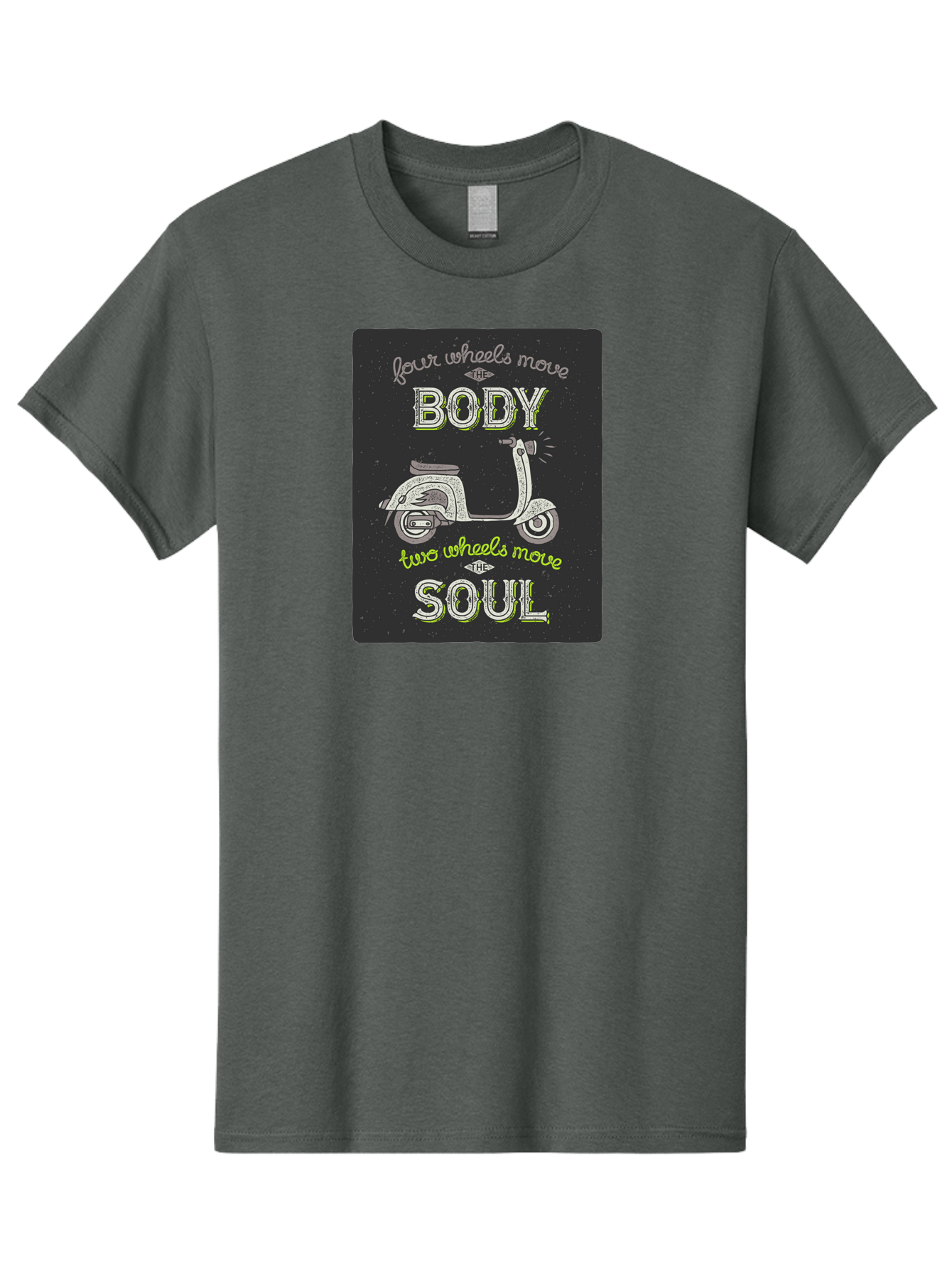 Four-Wheels-Move-The-Body-Two-Wheels-Move-The-Soul Men'S Graphic Tee, 100% Cotton, Comfortable Casual Summer Wear, Machine Washable, Vintage Scooter, Motivational Quote, Scooter Enthusiast, Soulful Ride, Freedom On Wheels, Biker Chic, Aac436