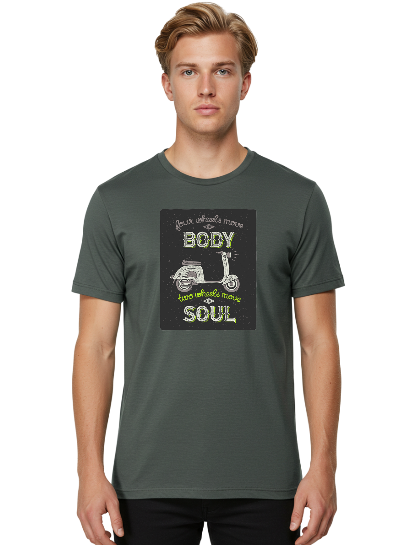 Four-Wheels-Move-The-Body-Two-Wheels-Move-The-Soul Men'S Graphic Tee, 100% Cotton, Comfortable Casual Summer Wear, Machine Washable, Vintage Scooter, Motivational Quote, Scooter Enthusiast, Soulful Ride, Freedom On Wheels, Biker Chic, Aac436