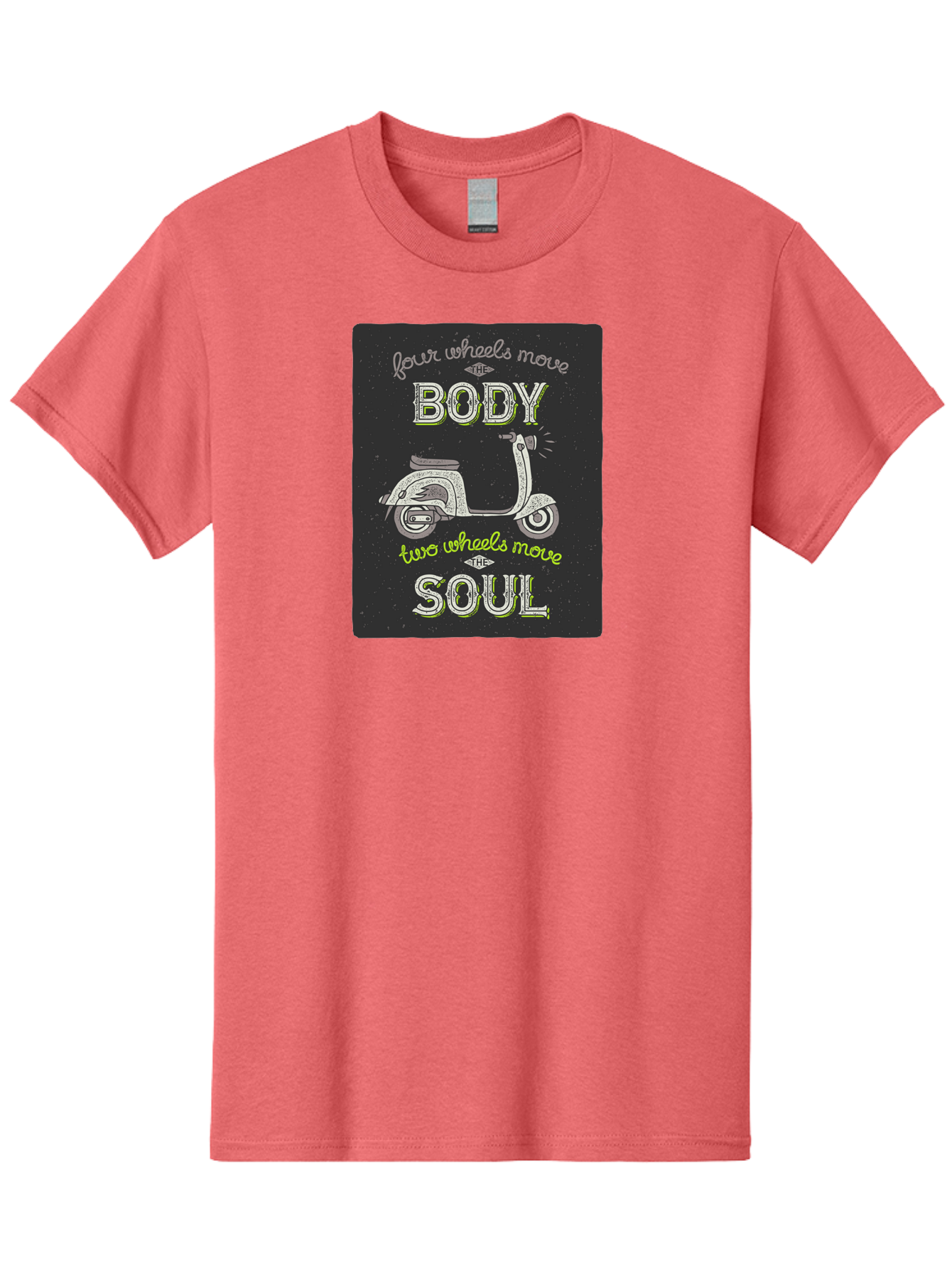 Four-Wheels-Move-The-Body-Two-Wheels-Move-The-Soul Men'S Graphic Tee, 100% Cotton, Comfortable Casual Summer Wear, Machine Washable, Vintage Scooter, Motivational Quote, Scooter Enthusiast, Soulful Ride, Freedom On Wheels, Biker Chic, Aac436