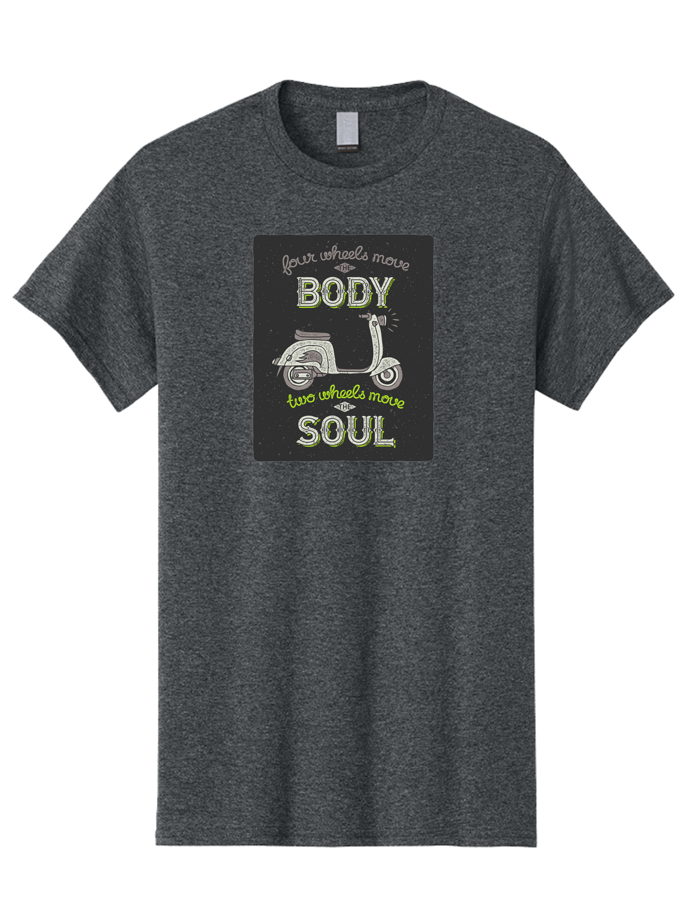 Four-Wheels-Move-The-Body-Two-Wheels-Move-The-Soul Men'S Graphic Tee, 100% Cotton, Comfortable Casual Summer Wear, Machine Washable, Vintage Scooter, Motivational Quote, Scooter Enthusiast, Soulful Ride, Freedom On Wheels, Biker Chic, Aac436