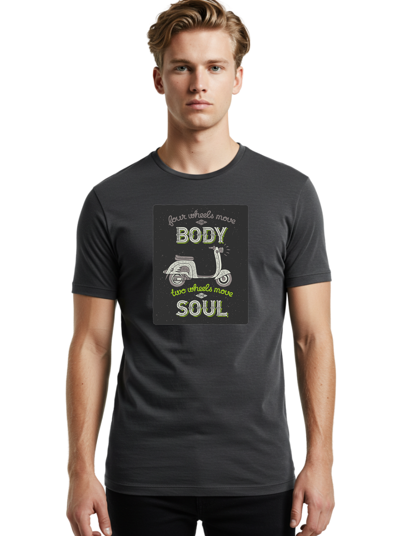 Four-Wheels-Move-The-Body-Two-Wheels-Move-The-Soul Men'S Graphic Tee, 100% Cotton, Comfortable Casual Summer Wear, Machine Washable, Vintage Scooter, Motivational Quote, Scooter Enthusiast, Soulful Ride, Freedom On Wheels, Biker Chic, Aac436