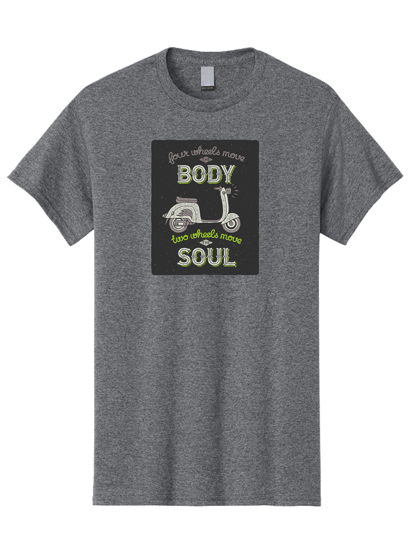 Four-Wheels-Move-The-Body-Two-Wheels-Move-The-Soul Men'S Graphic Tee, 100% Cotton, Comfortable Casual Summer Wear, Machine Washable, Vintage Scooter, Motivational Quote, Scooter Enthusiast, Soulful Ride, Freedom On Wheels, Biker Chic, Aac436