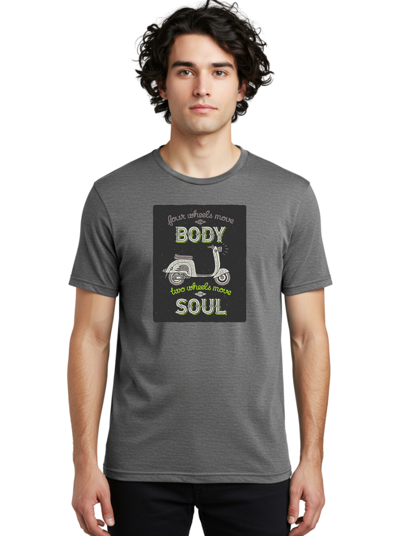 Four-Wheels-Move-The-Body-Two-Wheels-Move-The-Soul Men'S Graphic Tee, 100% Cotton, Comfortable Casual Summer Wear, Machine Washable, Vintage Scooter, Motivational Quote, Scooter Enthusiast, Soulful Ride, Freedom On Wheels, Biker Chic, Aac436