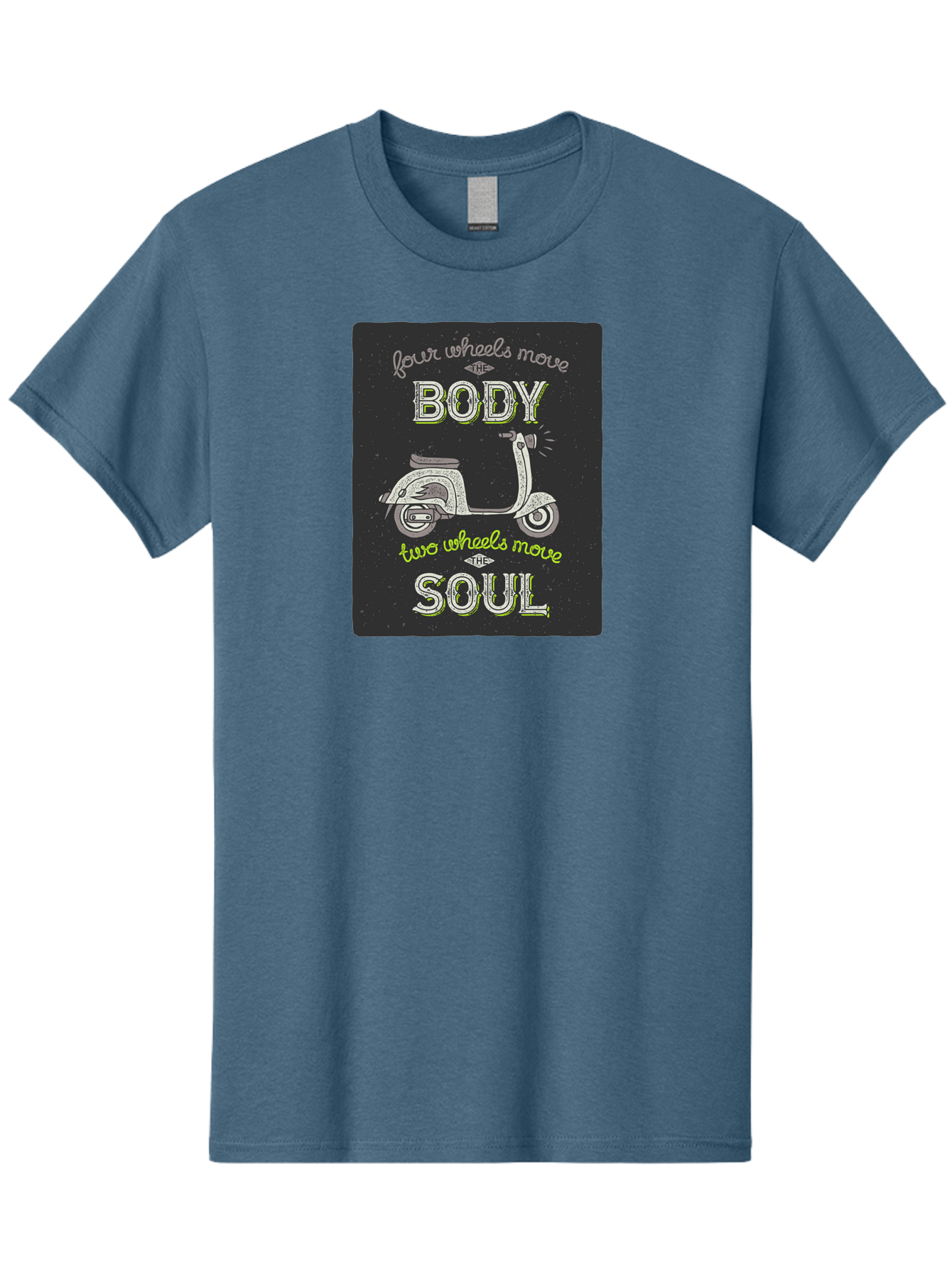 Four-Wheels-Move-The-Body-Two-Wheels-Move-The-Soul Men'S Graphic Tee, 100% Cotton, Comfortable Casual Summer Wear, Machine Washable, Vintage Scooter, Motivational Quote, Scooter Enthusiast, Soulful Ride, Freedom On Wheels, Biker Chic, Aac436