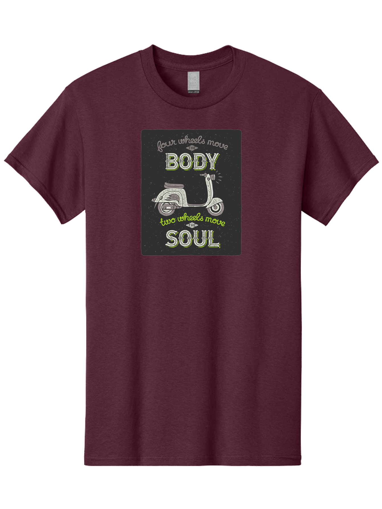 Four-Wheels-Move-The-Body-Two-Wheels-Move-The-Soul Men'S Graphic Tee, 100% Cotton, Comfortable Casual Summer Wear, Machine Washable, Vintage Scooter, Motivational Quote, Scooter Enthusiast, Soulful Ride, Freedom On Wheels, Biker Chic, Aac436