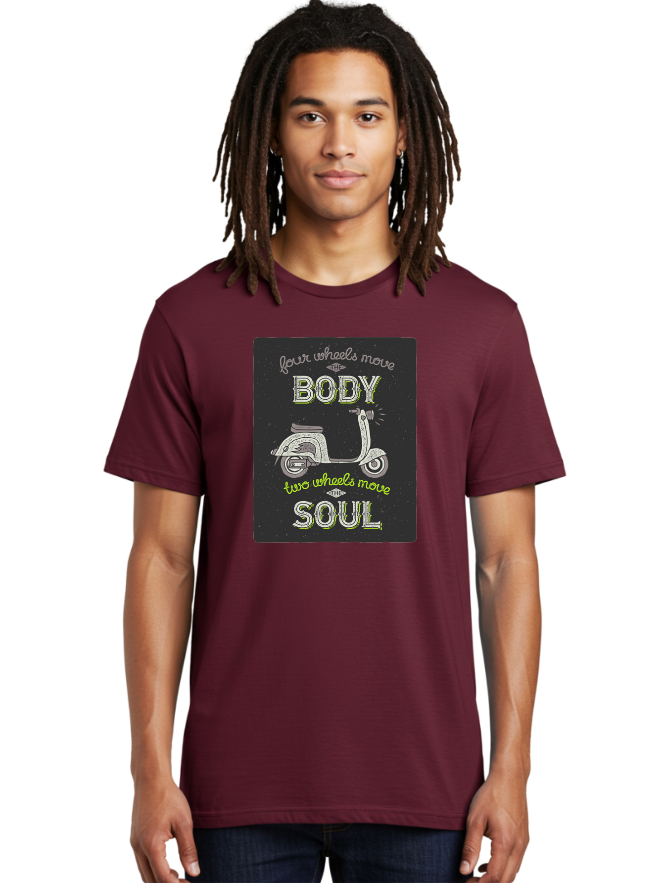 Four-Wheels-Move-The-Body-Two-Wheels-Move-The-Soul Men'S Graphic Tee, 100% Cotton, Comfortable Casual Summer Wear, Machine Washable, Vintage Scooter, Motivational Quote, Scooter Enthusiast, Soulful Ride, Freedom On Wheels, Biker Chic, Aac436