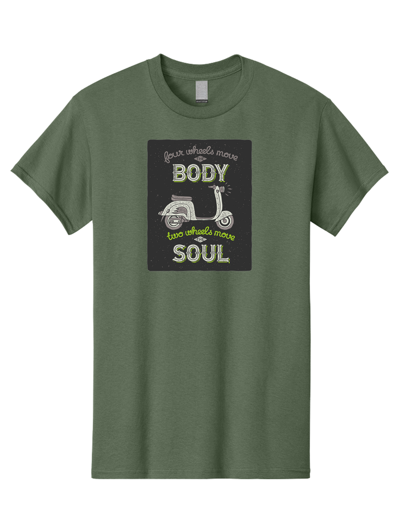 Four-Wheels-Move-The-Body-Two-Wheels-Move-The-Soul Men'S Graphic Tee, 100% Cotton, Comfortable Casual Summer Wear, Machine Washable, Vintage Scooter, Motivational Quote, Scooter Enthusiast, Soulful Ride, Freedom On Wheels, Biker Chic, Aac436