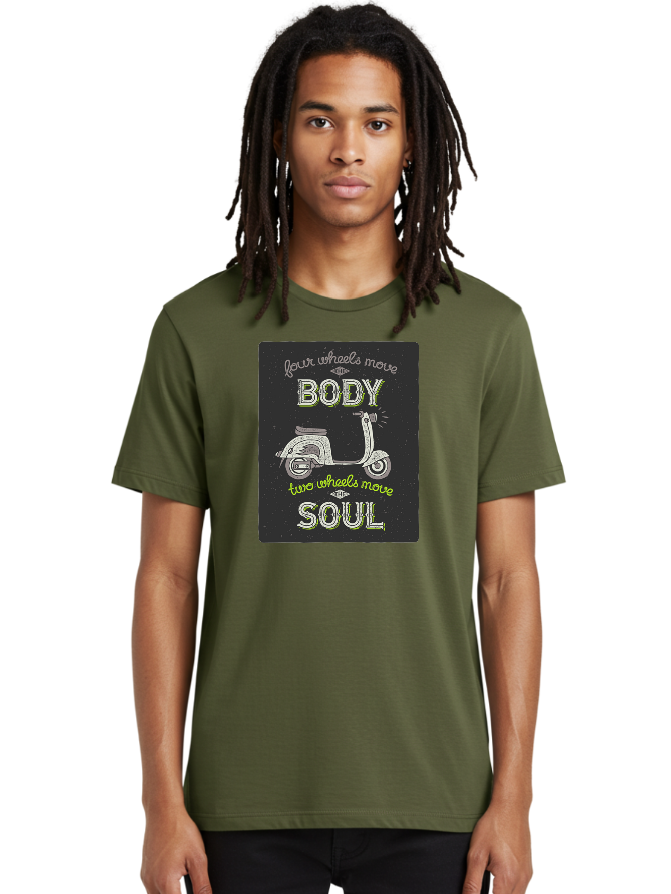 Four-Wheels-Move-The-Body-Two-Wheels-Move-The-Soul Men'S Graphic Tee, 100% Cotton, Comfortable Casual Summer Wear, Machine Washable, Vintage Scooter, Motivational Quote, Scooter Enthusiast, Soulful Ride, Freedom On Wheels, Biker Chic, Aac436