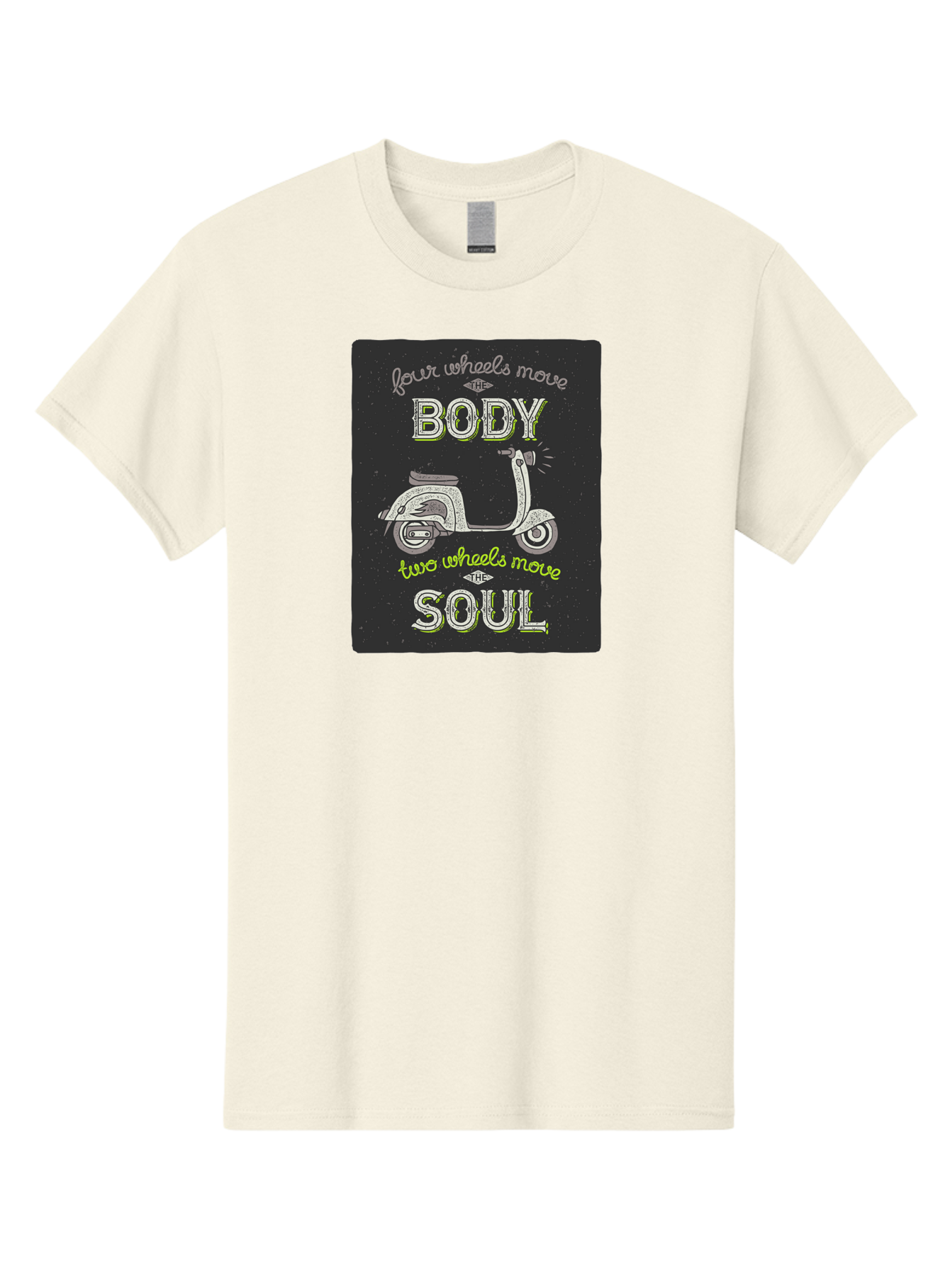 Four-Wheels-Move-The-Body-Two-Wheels-Move-The-Soul Men'S Graphic Tee, 100% Cotton, Comfortable Casual Summer Wear, Machine Washable, Vintage Scooter, Motivational Quote, Scooter Enthusiast, Soulful Ride, Freedom On Wheels, Biker Chic, Aac436