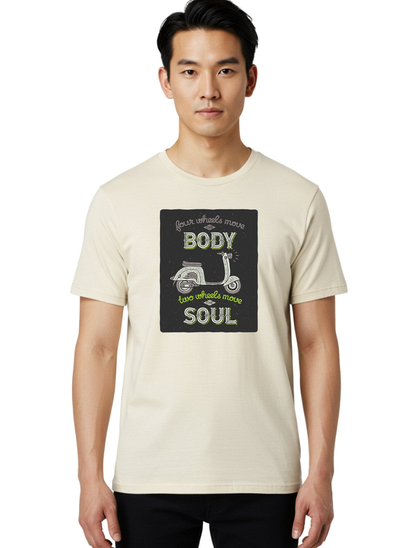 Four-Wheels-Move-The-Body-Two-Wheels-Move-The-Soul Men'S Graphic Tee, 100% Cotton, Comfortable Casual Summer Wear, Machine Washable, Vintage Scooter, Motivational Quote, Scooter Enthusiast, Soulful Ride, Freedom On Wheels, Biker Chic, Aac436