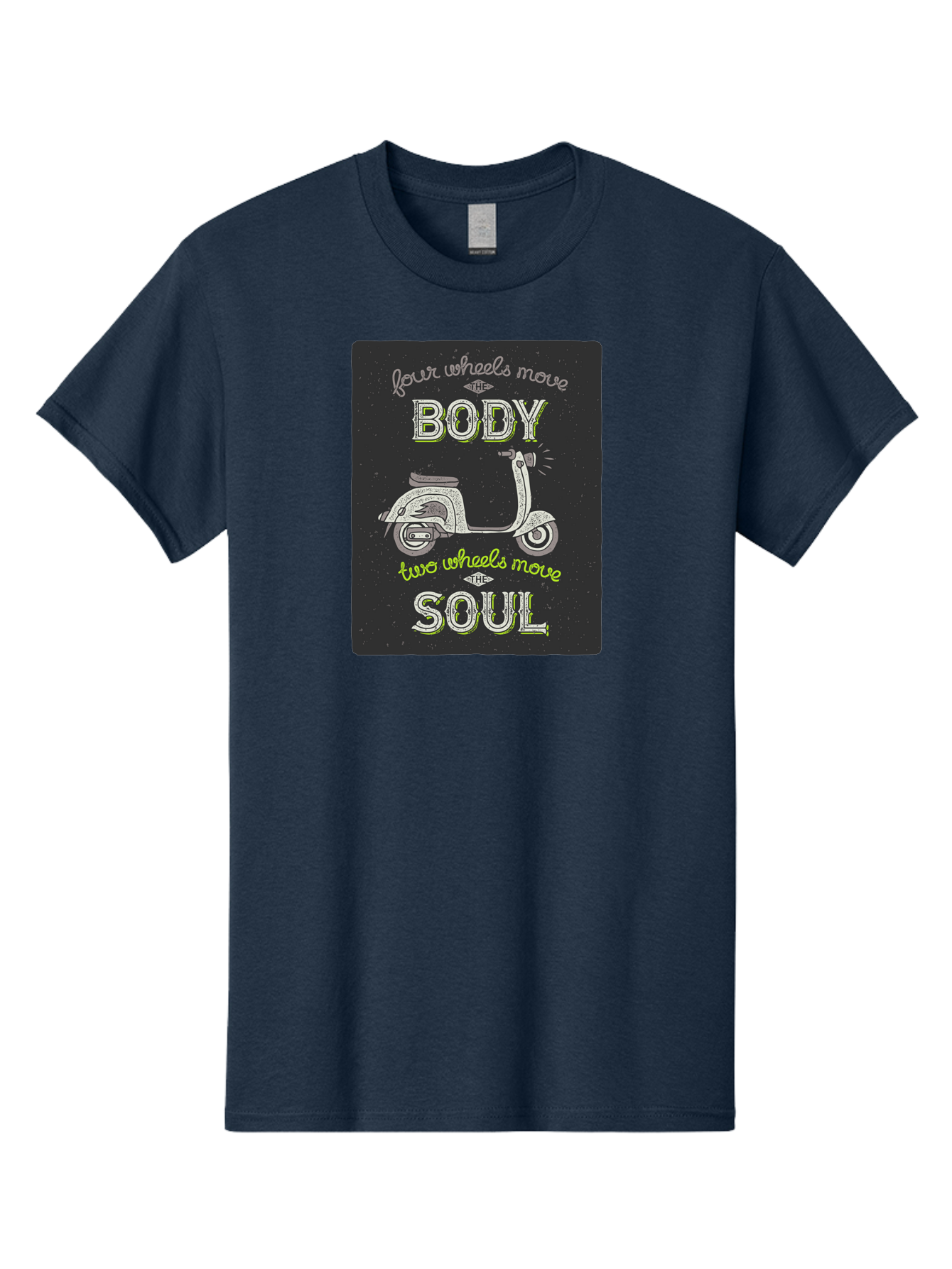 Four-Wheels-Move-The-Body-Two-Wheels-Move-The-Soul Men'S Graphic Tee, 100% Cotton, Comfortable Casual Summer Wear, Machine Washable, Vintage Scooter, Motivational Quote, Scooter Enthusiast, Soulful Ride, Freedom On Wheels, Biker Chic, Aac436