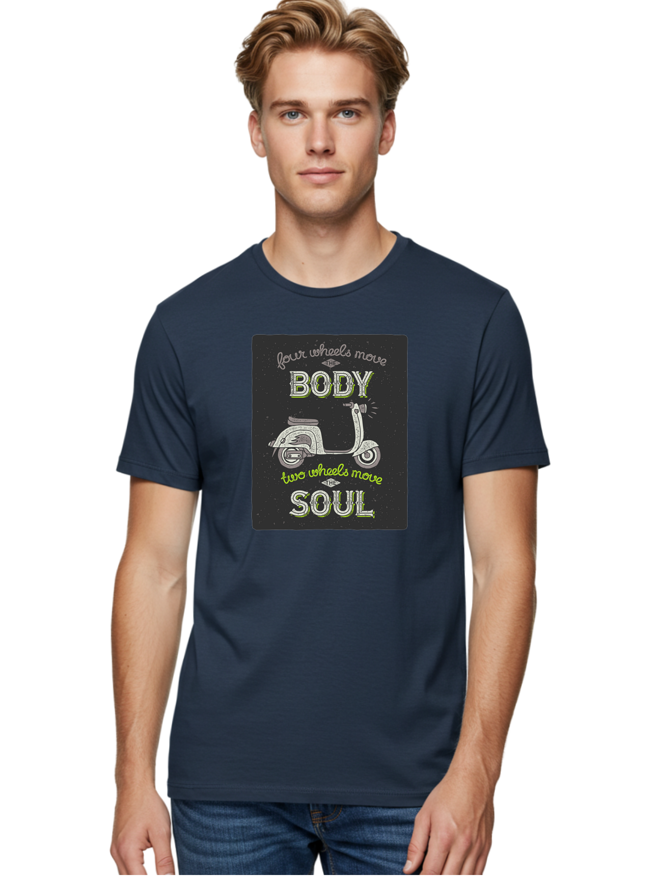 Four-Wheels-Move-The-Body-Two-Wheels-Move-The-Soul Men'S Graphic Tee, 100% Cotton, Comfortable Casual Summer Wear, Machine Washable, Vintage Scooter, Motivational Quote, Scooter Enthusiast, Soulful Ride, Freedom On Wheels, Biker Chic, Aac436