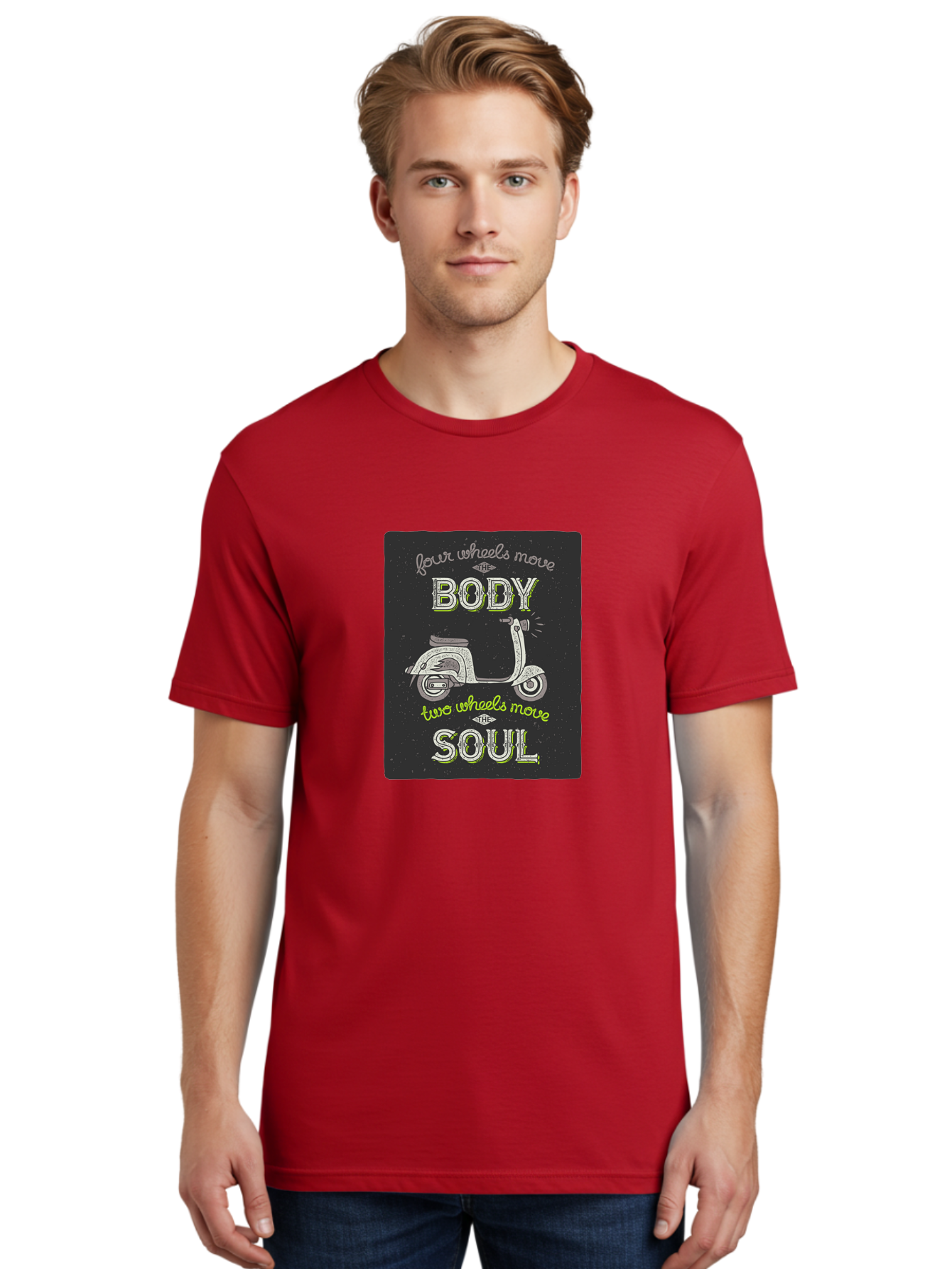 Four-Wheels-Move-The-Body-Two-Wheels-Move-The-Soul Men'S Graphic Tee, 100% Cotton, Comfortable Casual Summer Wear, Machine Washable, Vintage Scooter, Motivational Quote, Scooter Enthusiast, Soulful Ride, Freedom On Wheels, Biker Chic, Aac436