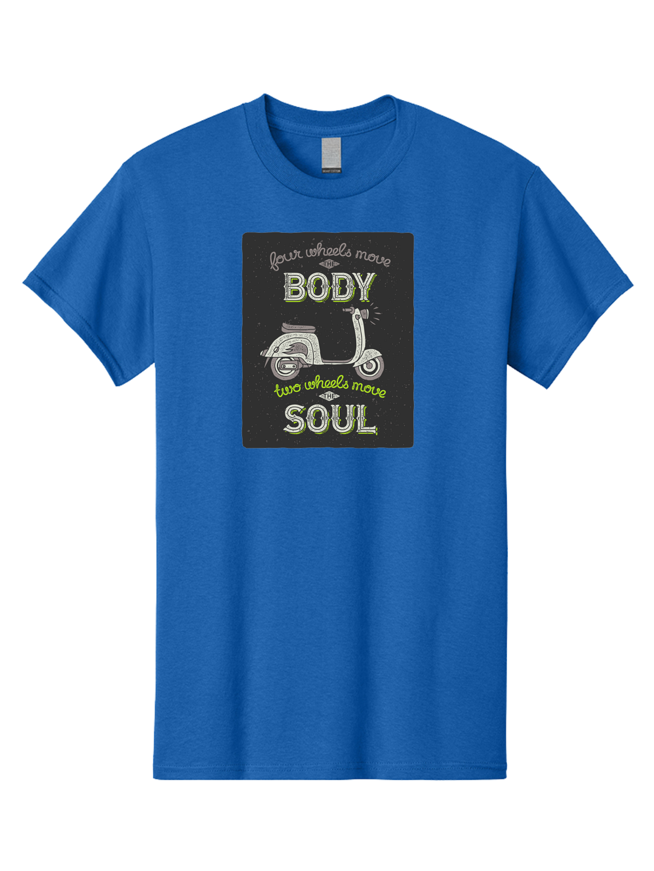 Four-Wheels-Move-The-Body-Two-Wheels-Move-The-Soul Men'S Graphic Tee, 100% Cotton, Comfortable Casual Summer Wear, Machine Washable, Vintage Scooter, Motivational Quote, Scooter Enthusiast, Soulful Ride, Freedom On Wheels, Biker Chic, Aac436