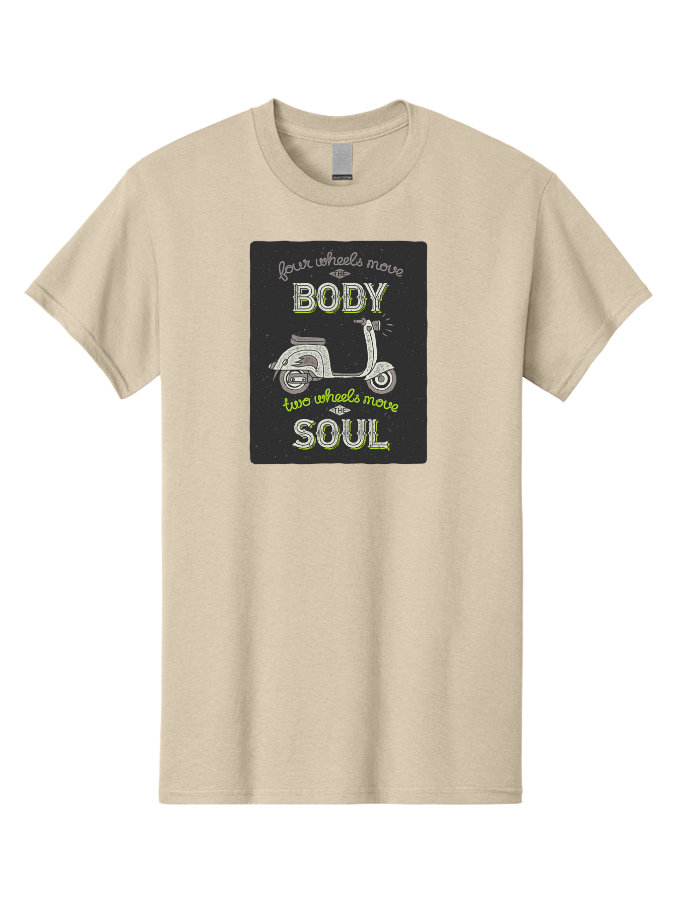 Four-Wheels-Move-The-Body-Two-Wheels-Move-The-Soul Men'S Graphic Tee, 100% Cotton, Comfortable Casual Summer Wear, Machine Washable, Vintage Scooter, Motivational Quote, Scooter Enthusiast, Soulful Ride, Freedom On Wheels, Biker Chic, Aac436