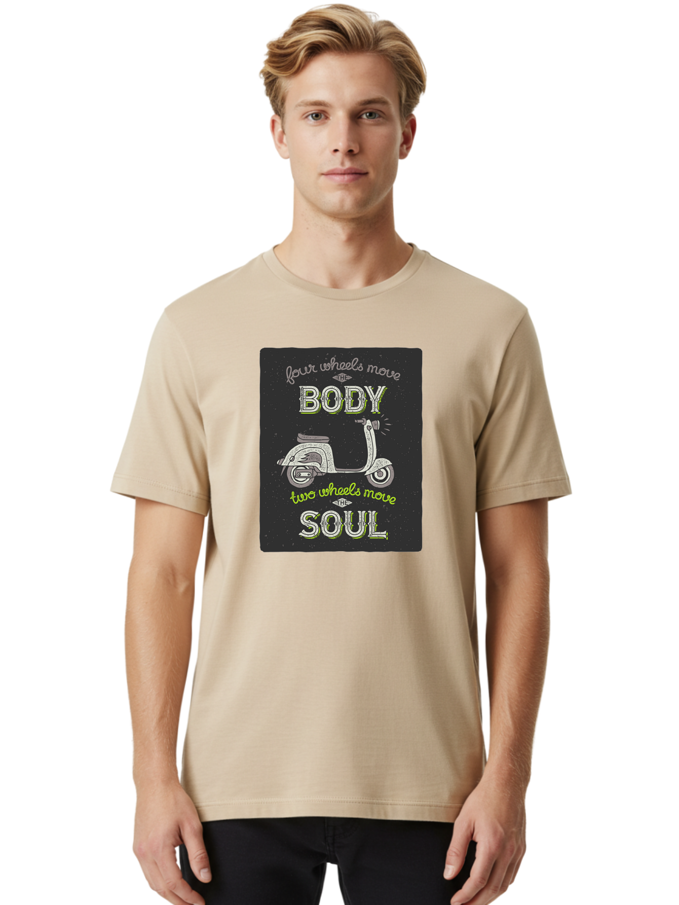 Four-Wheels-Move-The-Body-Two-Wheels-Move-The-Soul Men'S Graphic Tee, 100% Cotton, Comfortable Casual Summer Wear, Machine Washable, Vintage Scooter, Motivational Quote, Scooter Enthusiast, Soulful Ride, Freedom On Wheels, Biker Chic, Aac436
