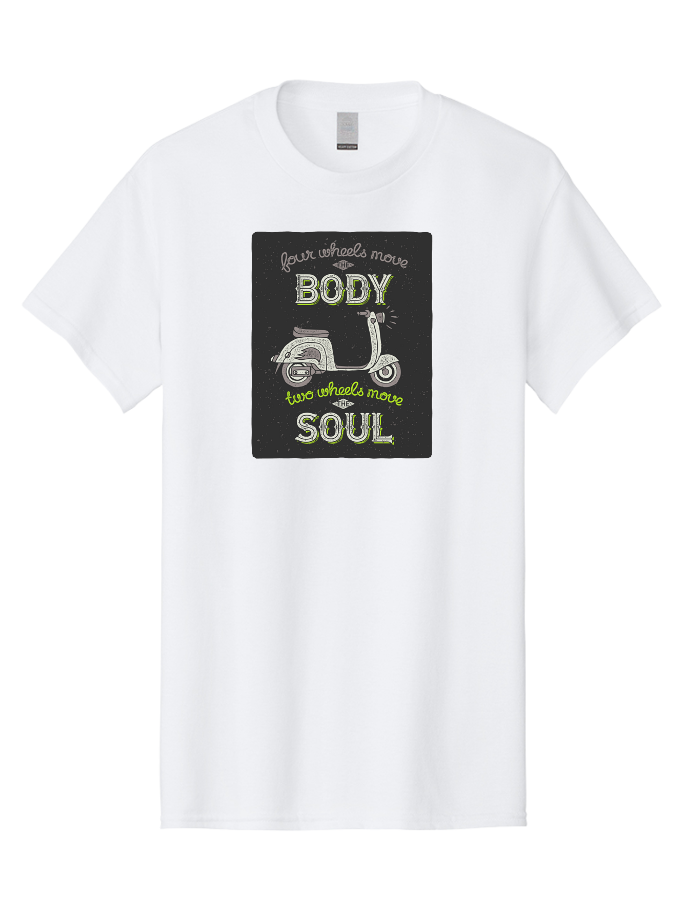 Four-Wheels-Move-The-Body-Two-Wheels-Move-The-Soul Men'S Graphic Tee, 100% Cotton, Comfortable Casual Summer Wear, Machine Washable, Vintage Scooter, Motivational Quote, Scooter Enthusiast, Soulful Ride, Freedom On Wheels, Biker Chic, Aac436