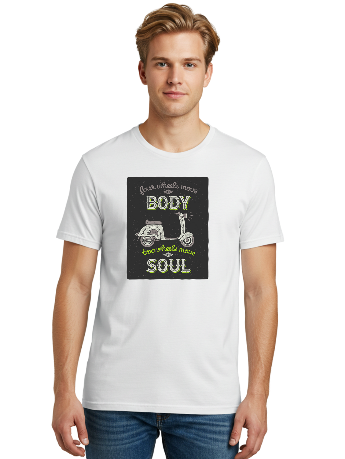 Four-Wheels-Move-The-Body-Two-Wheels-Move-The-Soul Men'S Graphic Tee, 100% Cotton, Comfortable Casual Summer Wear, Machine Washable, Vintage Scooter, Motivational Quote, Scooter Enthusiast, Soulful Ride, Freedom On Wheels, Biker Chic, Aac436