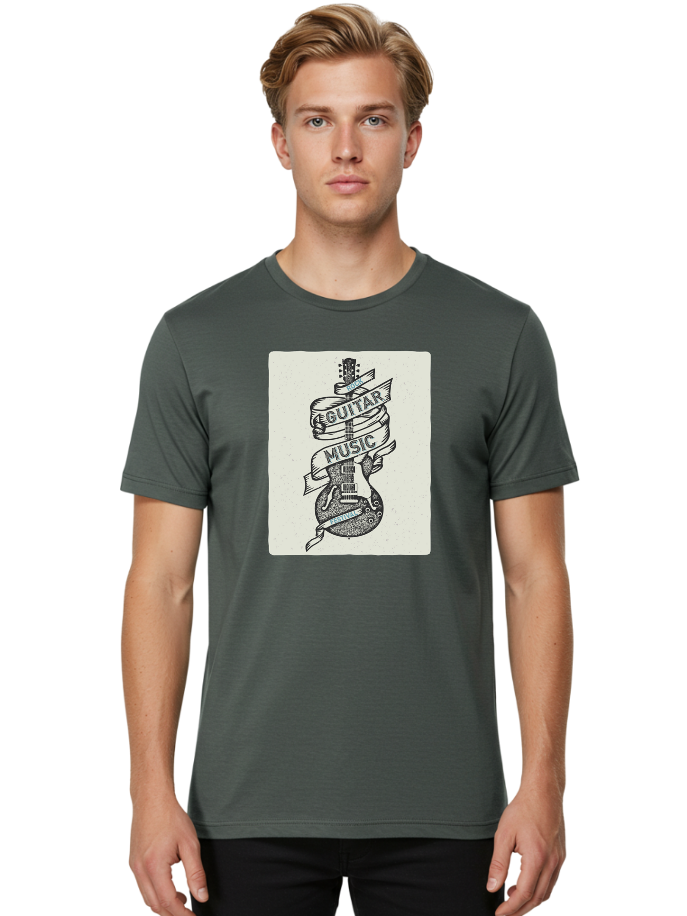 Guitar-Music-Festival Men'S Graphic Tee, 100% Cotton, Comfortable Casual Summer Wear, Machine Washable, Guitar Music Festival, Electric Guitar, Rock Music, Hand-Drawn Illustration, Festival Banner, Music Event, Guitar Art Aac437