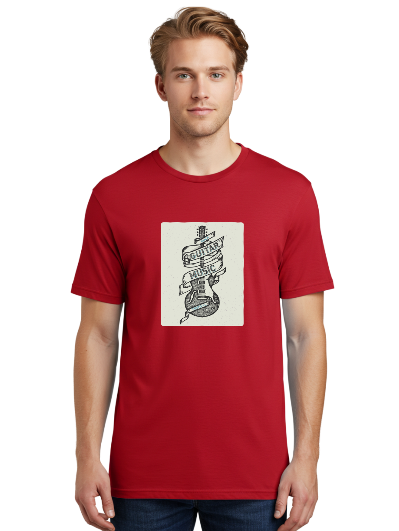 Guitar-Music-Festival Men'S Graphic Tee, 100% Cotton, Comfortable Casual Summer Wear, Machine Washable, Guitar Music Festival, Electric Guitar, Rock Music, Hand-Drawn Illustration, Festival Banner, Music Event, Guitar Art Aac437