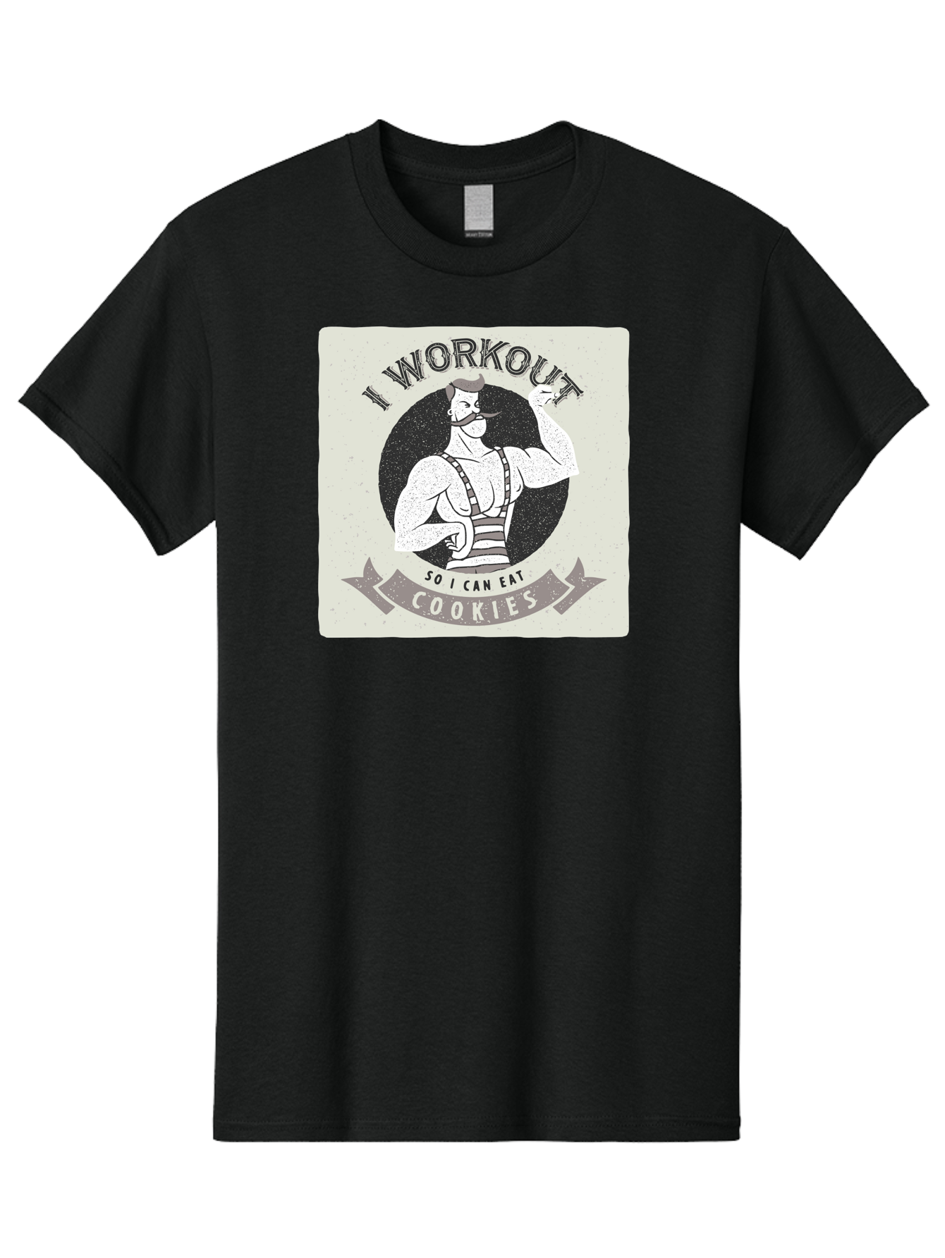 I-Workout-So-I-Can-Eat-Cookies Men'S Graphic Tee, 100% Cotton, Comfortable Casual Summer Wear, Machine Washable, Vintage Fitness Illustration, Muscular Man With Handlebar Mustache, Comic Style Graphic, Humorous Workout Quote, Flexing Muscles, Aac438