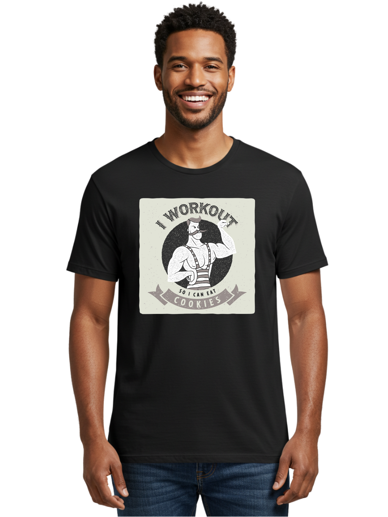 I-Workout-So-I-Can-Eat-Cookies Men'S Graphic Tee, 100% Cotton, Comfortable Casual Summer Wear, Machine Washable, Vintage Fitness Illustration, Muscular Man With Handlebar Mustache, Comic Style Graphic, Humorous Workout Quote, Flexing Muscles, Aac438
