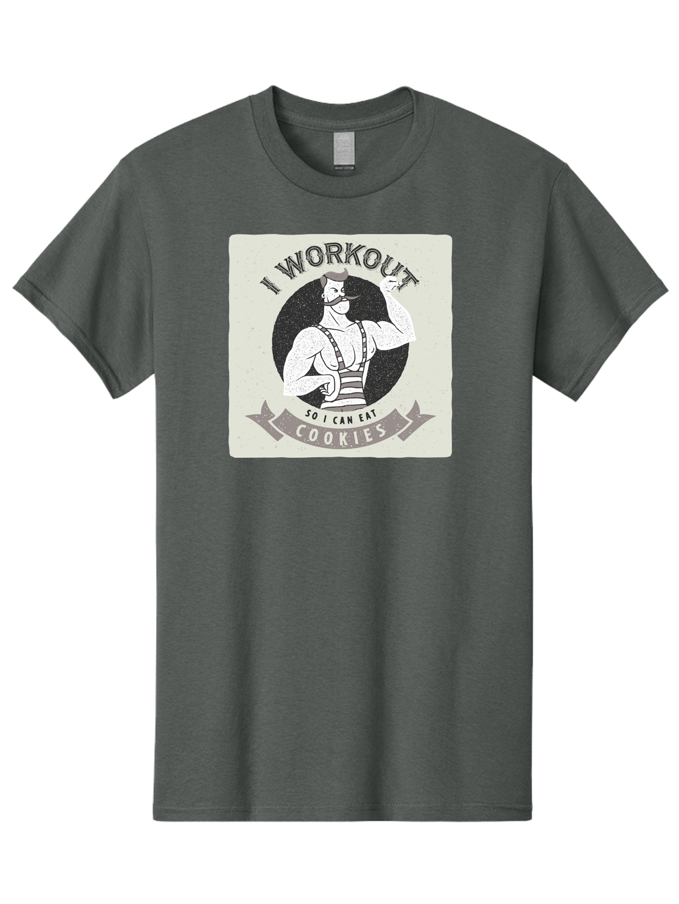 I-Workout-So-I-Can-Eat-Cookies Men'S Graphic Tee, 100% Cotton, Comfortable Casual Summer Wear, Machine Washable, Vintage Fitness Illustration, Muscular Man With Handlebar Mustache, Comic Style Graphic, Humorous Workout Quote, Flexing Muscles, Aac438