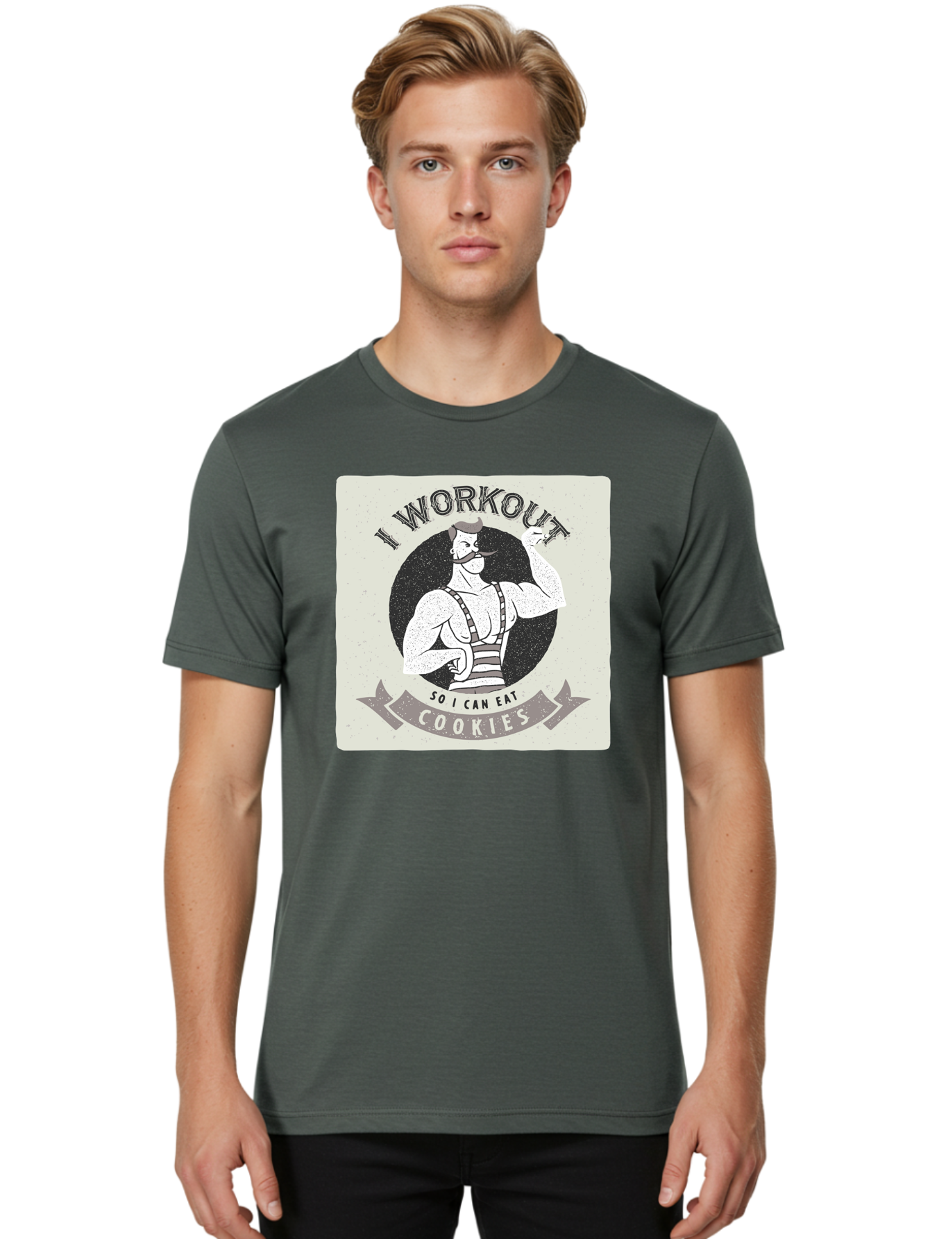 I-Workout-So-I-Can-Eat-Cookies Men'S Graphic Tee, 100% Cotton, Comfortable Casual Summer Wear, Machine Washable, Vintage Fitness Illustration, Muscular Man With Handlebar Mustache, Comic Style Graphic, Humorous Workout Quote, Flexing Muscles, Aac438