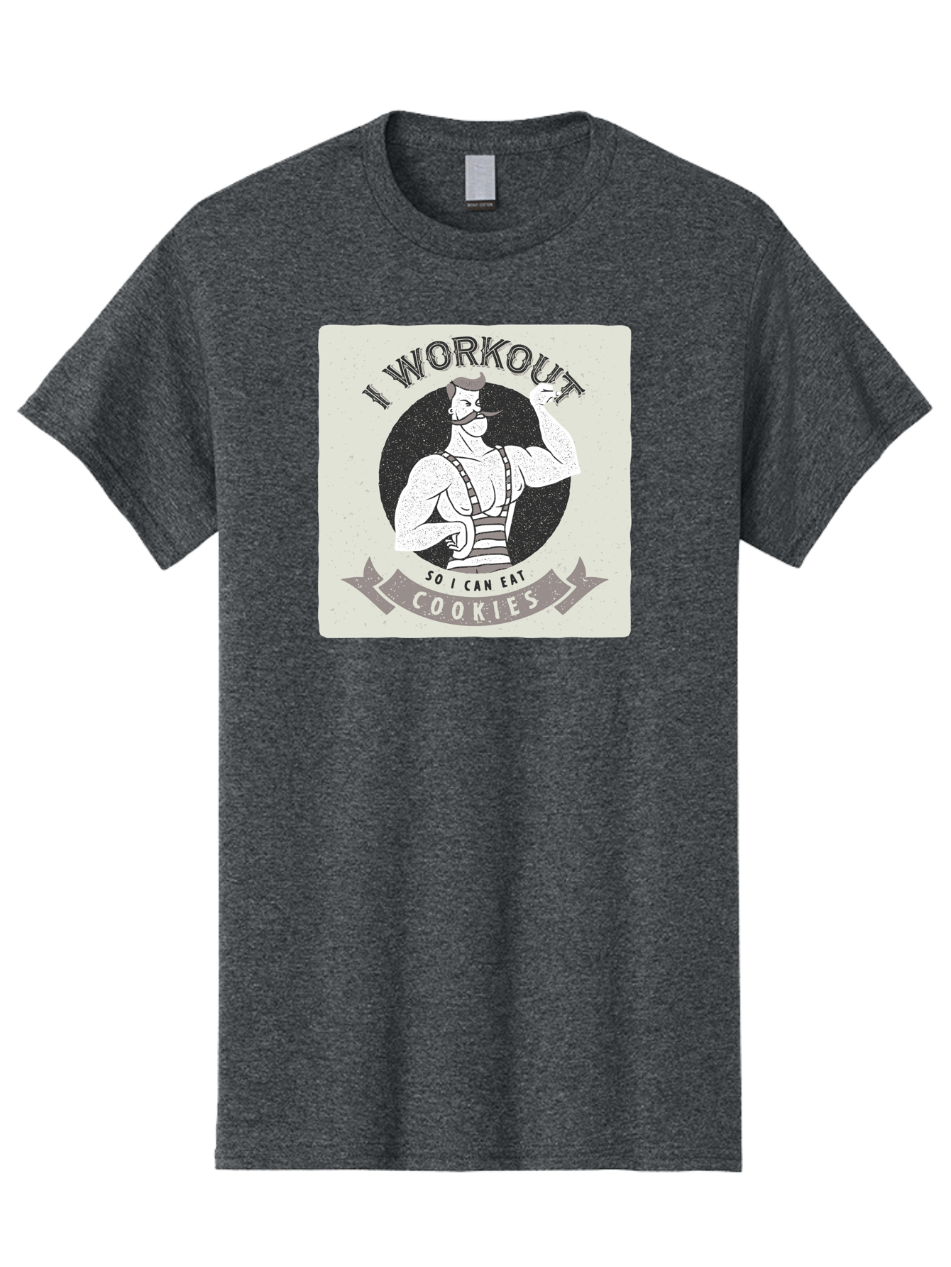 I-Workout-So-I-Can-Eat-Cookies Men'S Graphic Tee, 100% Cotton, Comfortable Casual Summer Wear, Machine Washable, Vintage Fitness Illustration, Muscular Man With Handlebar Mustache, Comic Style Graphic, Humorous Workout Quote, Flexing Muscles, Aac438