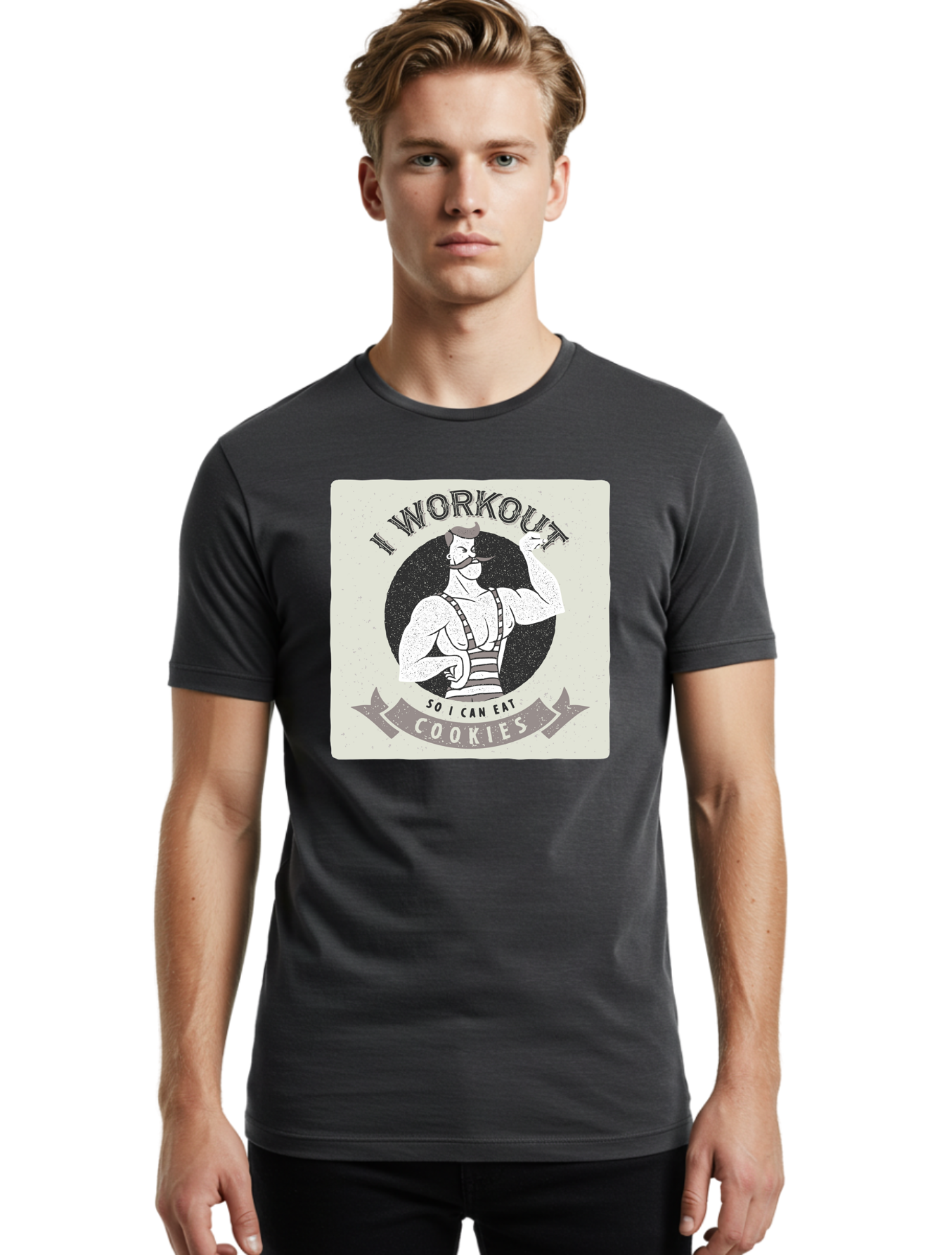 I-Workout-So-I-Can-Eat-Cookies Men'S Graphic Tee, 100% Cotton, Comfortable Casual Summer Wear, Machine Washable, Vintage Fitness Illustration, Muscular Man With Handlebar Mustache, Comic Style Graphic, Humorous Workout Quote, Flexing Muscles, Aac438