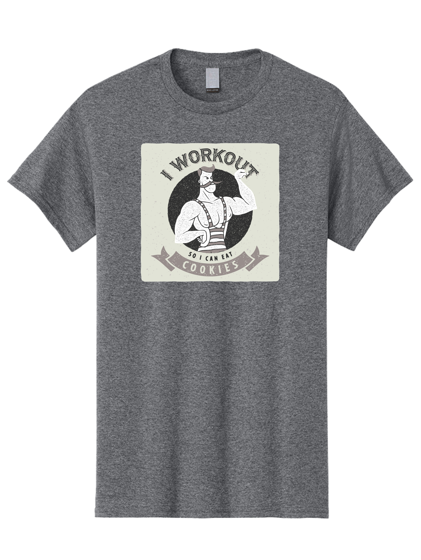 I-Workout-So-I-Can-Eat-Cookies Men'S Graphic Tee, 100% Cotton, Comfortable Casual Summer Wear, Machine Washable, Vintage Fitness Illustration, Muscular Man With Handlebar Mustache, Comic Style Graphic, Humorous Workout Quote, Flexing Muscles, Aac438