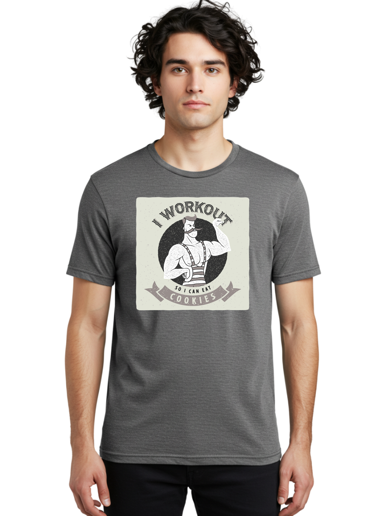 I-Workout-So-I-Can-Eat-Cookies Men'S Graphic Tee, 100% Cotton, Comfortable Casual Summer Wear, Machine Washable, Vintage Fitness Illustration, Muscular Man With Handlebar Mustache, Comic Style Graphic, Humorous Workout Quote, Flexing Muscles, Aac438