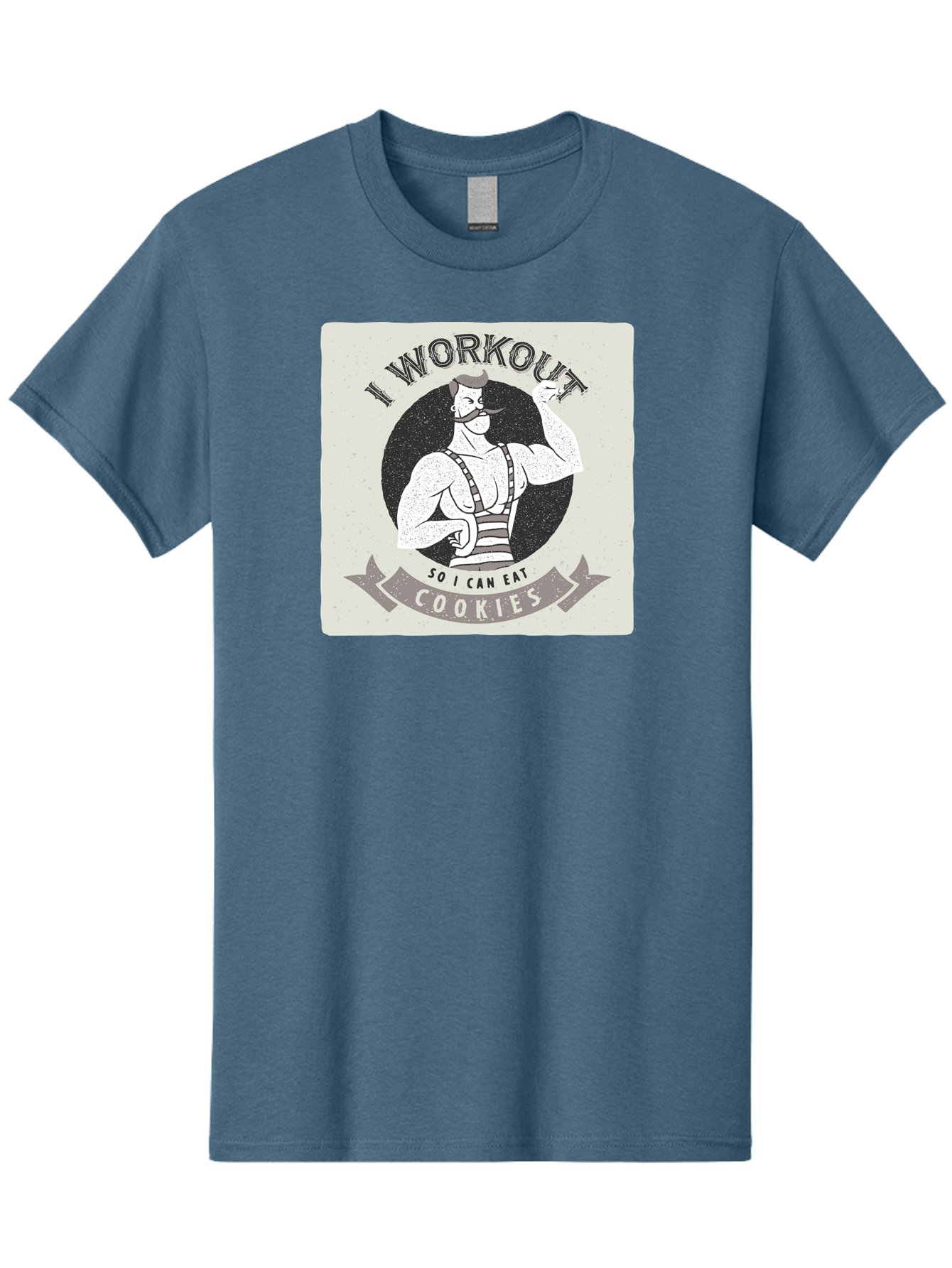 I-Workout-So-I-Can-Eat-Cookies Men'S Graphic Tee, 100% Cotton, Comfortable Casual Summer Wear, Machine Washable, Vintage Fitness Illustration, Muscular Man With Handlebar Mustache, Comic Style Graphic, Humorous Workout Quote, Flexing Muscles, Aac438