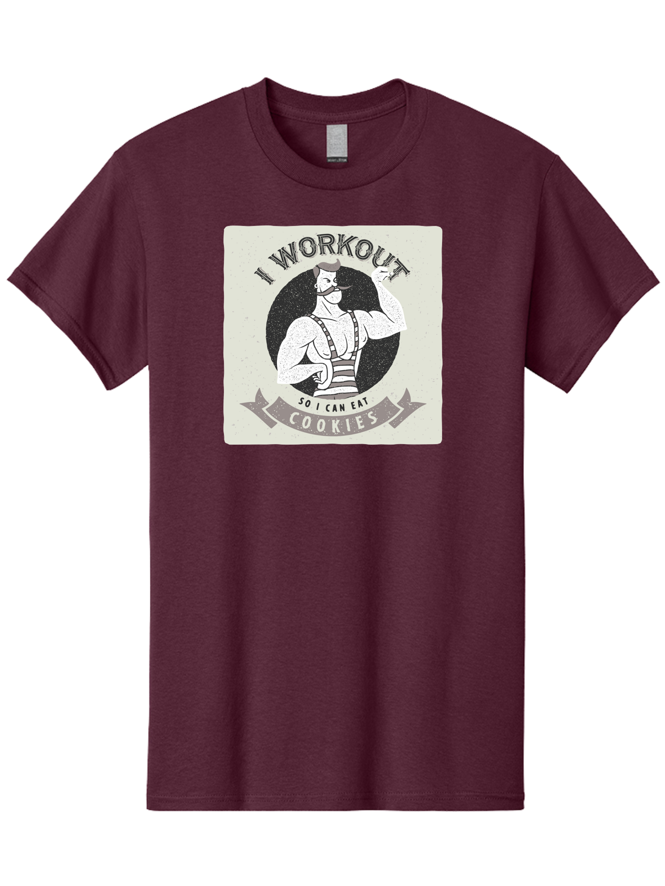 I-Workout-So-I-Can-Eat-Cookies Men'S Graphic Tee, 100% Cotton, Comfortable Casual Summer Wear, Machine Washable, Vintage Fitness Illustration, Muscular Man With Handlebar Mustache, Comic Style Graphic, Humorous Workout Quote, Flexing Muscles, Aac438