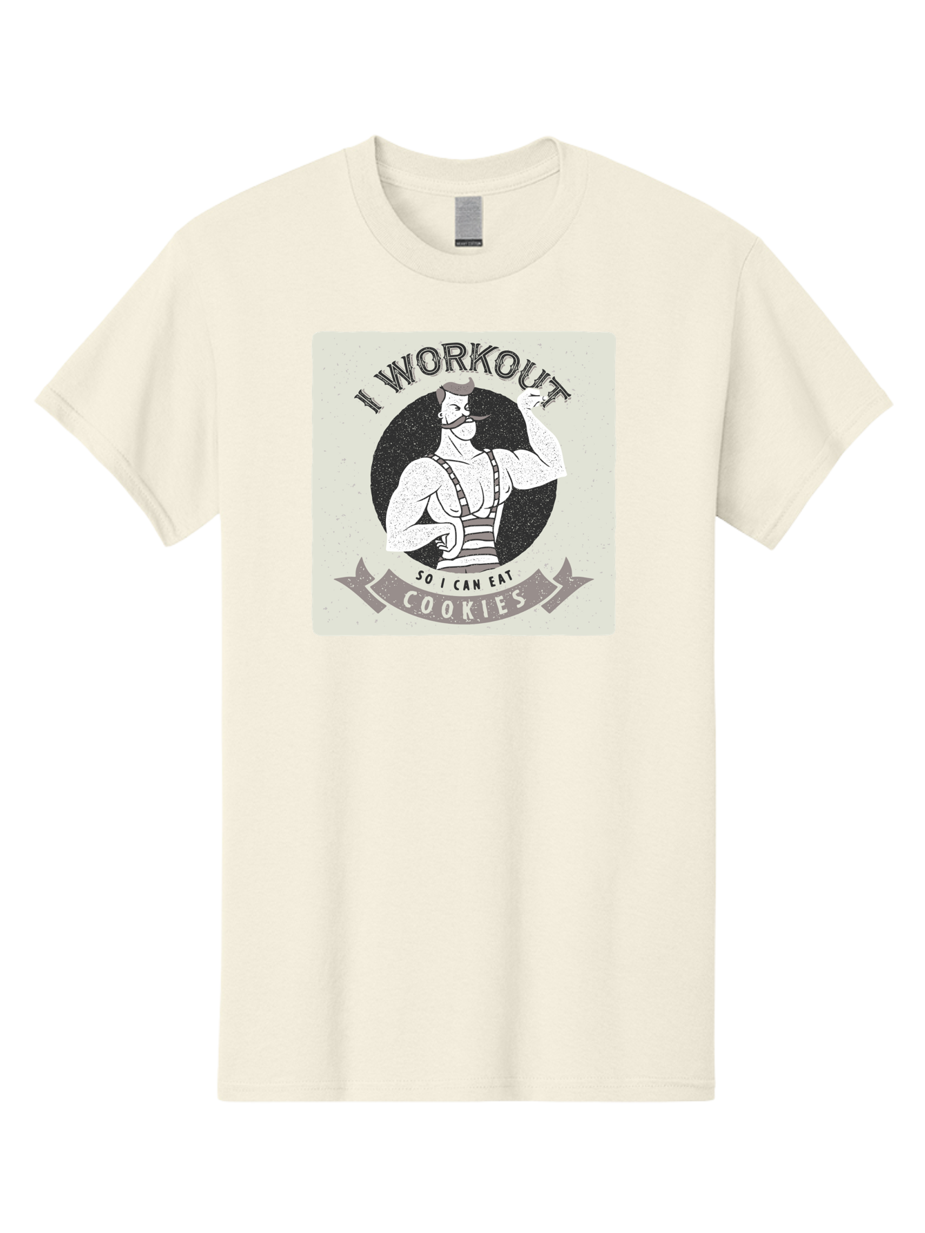 I-Workout-So-I-Can-Eat-Cookies Men'S Graphic Tee, 100% Cotton, Comfortable Casual Summer Wear, Machine Washable, Vintage Fitness Illustration, Muscular Man With Handlebar Mustache, Comic Style Graphic, Humorous Workout Quote, Flexing Muscles, Aac438