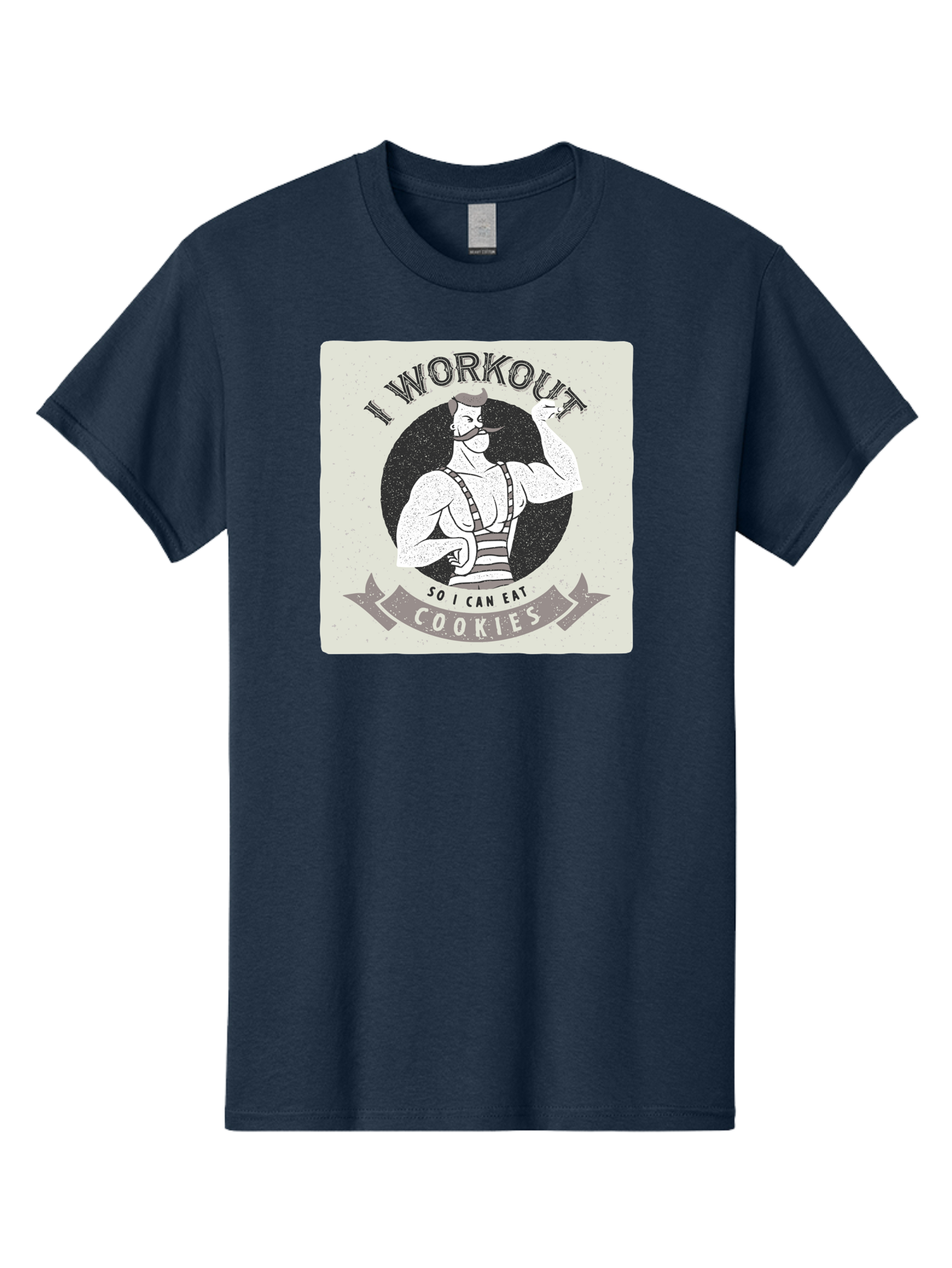 I-Workout-So-I-Can-Eat-Cookies Men'S Graphic Tee, 100% Cotton, Comfortable Casual Summer Wear, Machine Washable, Vintage Fitness Illustration, Muscular Man With Handlebar Mustache, Comic Style Graphic, Humorous Workout Quote, Flexing Muscles, Aac438