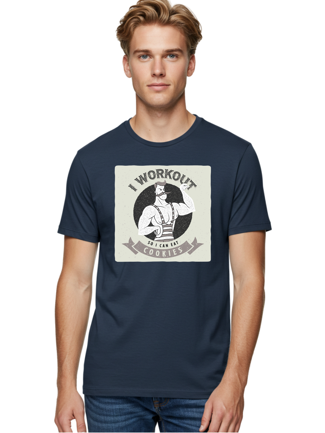I-Workout-So-I-Can-Eat-Cookies Men'S Graphic Tee, 100% Cotton, Comfortable Casual Summer Wear, Machine Washable, Vintage Fitness Illustration, Muscular Man With Handlebar Mustache, Comic Style Graphic, Humorous Workout Quote, Flexing Muscles, Aac438
