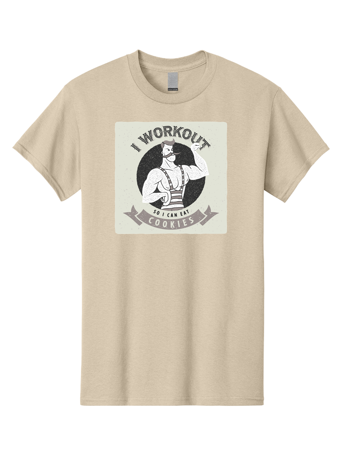 I-Workout-So-I-Can-Eat-Cookies Men'S Graphic Tee, 100% Cotton, Comfortable Casual Summer Wear, Machine Washable, Vintage Fitness Illustration, Muscular Man With Handlebar Mustache, Comic Style Graphic, Humorous Workout Quote, Flexing Muscles, Aac438