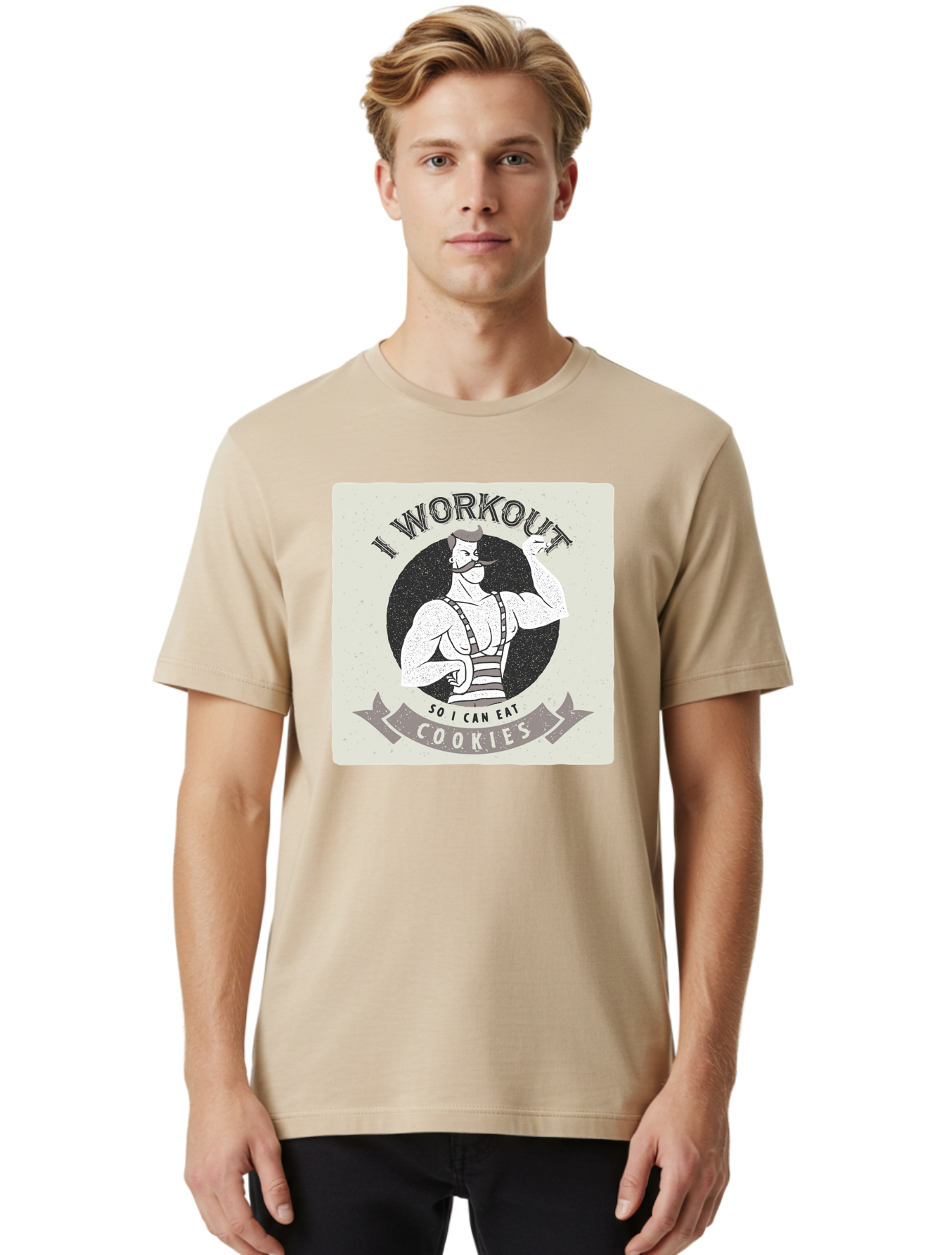 I-Workout-So-I-Can-Eat-Cookies Men'S Graphic Tee, 100% Cotton, Comfortable Casual Summer Wear, Machine Washable, Vintage Fitness Illustration, Muscular Man With Handlebar Mustache, Comic Style Graphic, Humorous Workout Quote, Flexing Muscles, Aac438